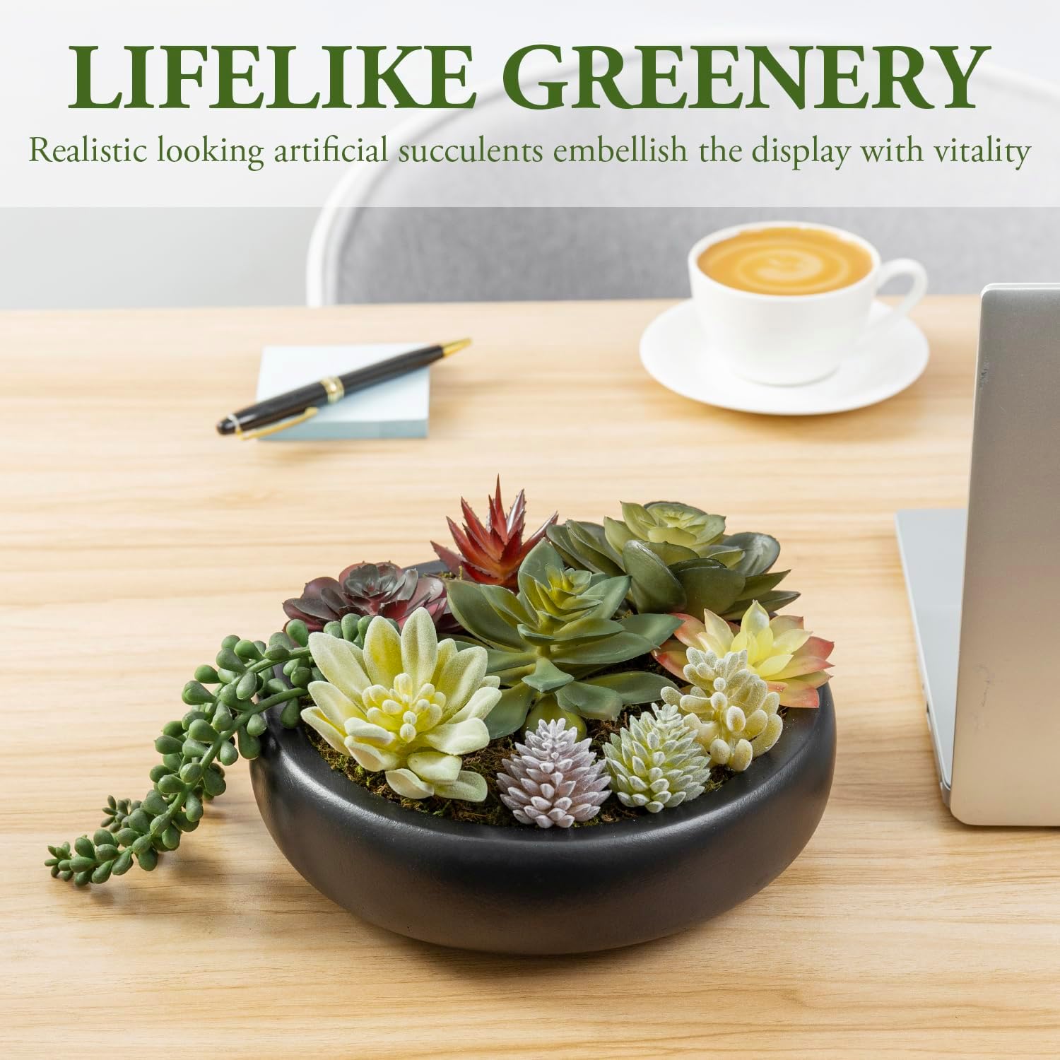 MyGift 8-Inch Artificial Succulent Plant Arrangement, Assorted Fake Plants in Modern Black Round Concrete Planter Bowl - Image 2