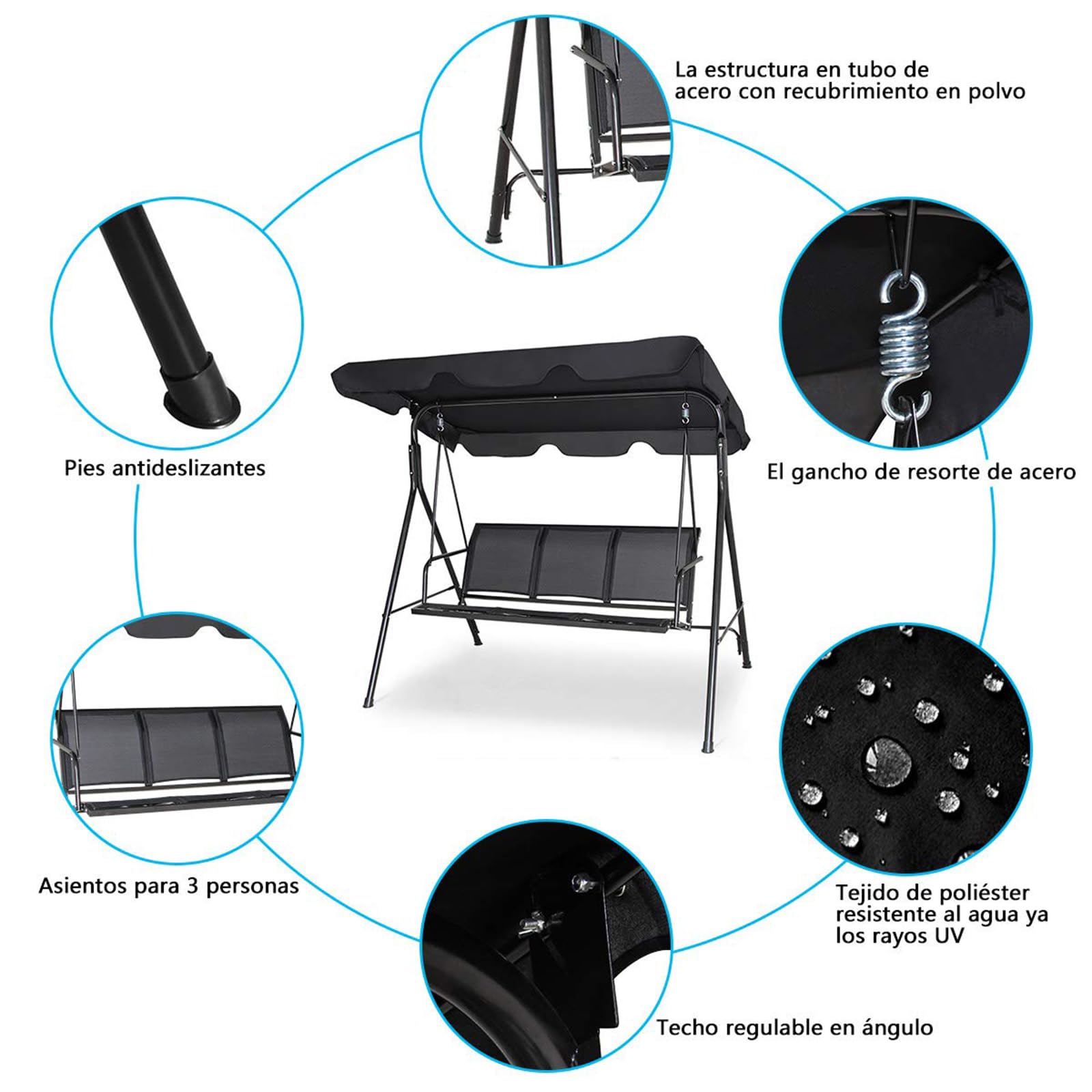 COSTWAY Columpio Jardin Exterior de 3 Plazas, Balancín con Toldo Adultos de Metal y Poliéster, Columpios de Porche con Parasol Ajustable para Exterior, 170 x 110 x 155 cm, Carga 210 kg, (Negro)