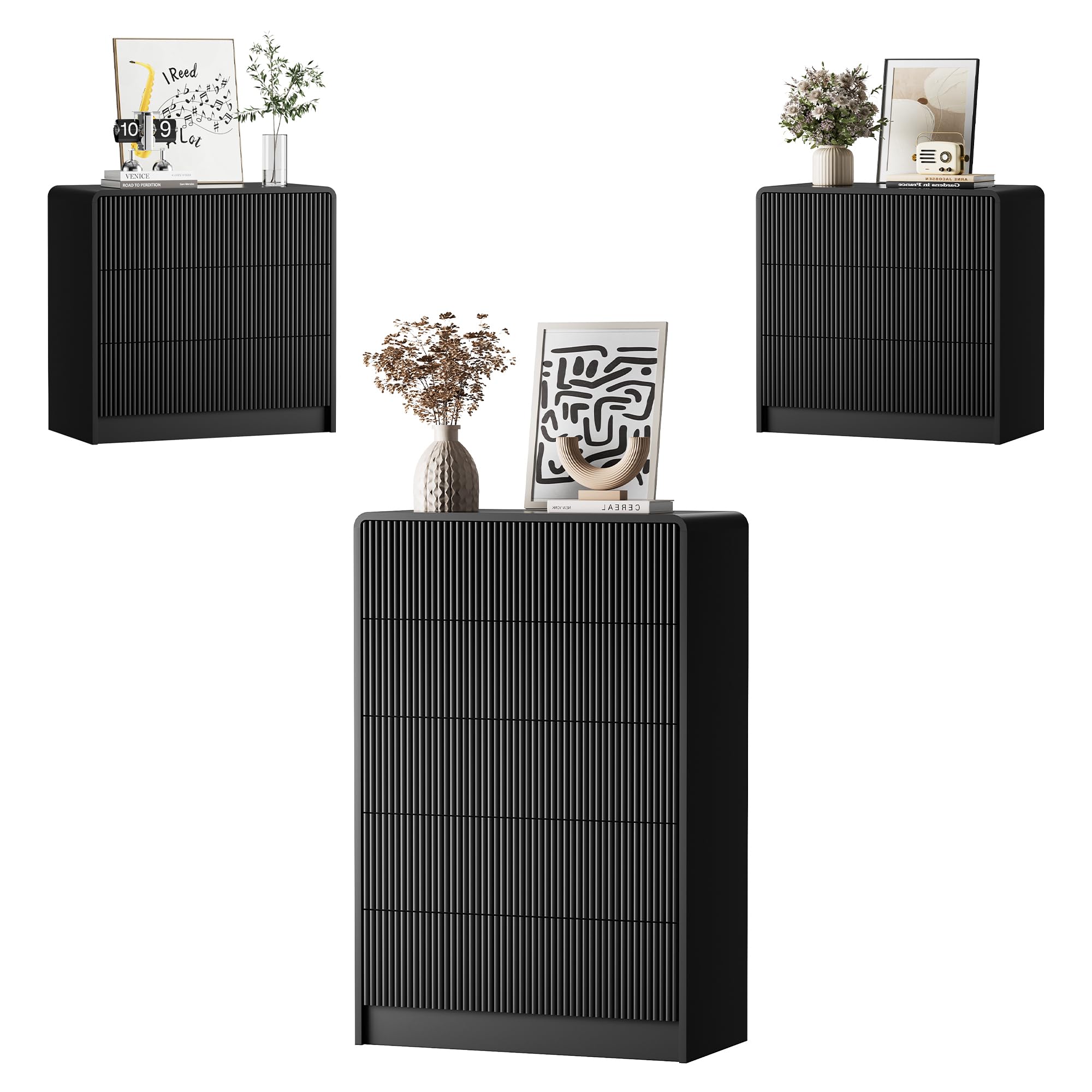 Furniway Bedroom Dresser Set 3 Piece, 5 Drawer Curved Dresser with 2 Nightstands, Modern Fluted Wood Storage Cabinet, White Chest of Drawers with Pop-Up Design, Black