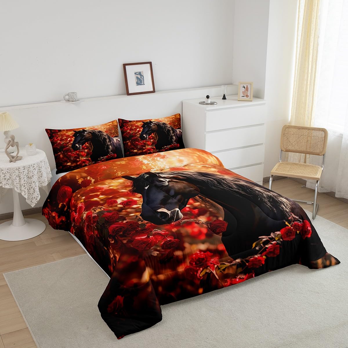 Feelyou Juego de edredón de caballo para niños y niñas, tamaño individual, edredón de caballo galopante, juego de ropa de cama floral de rosas para niños y adolescentes, juego de edredón para
