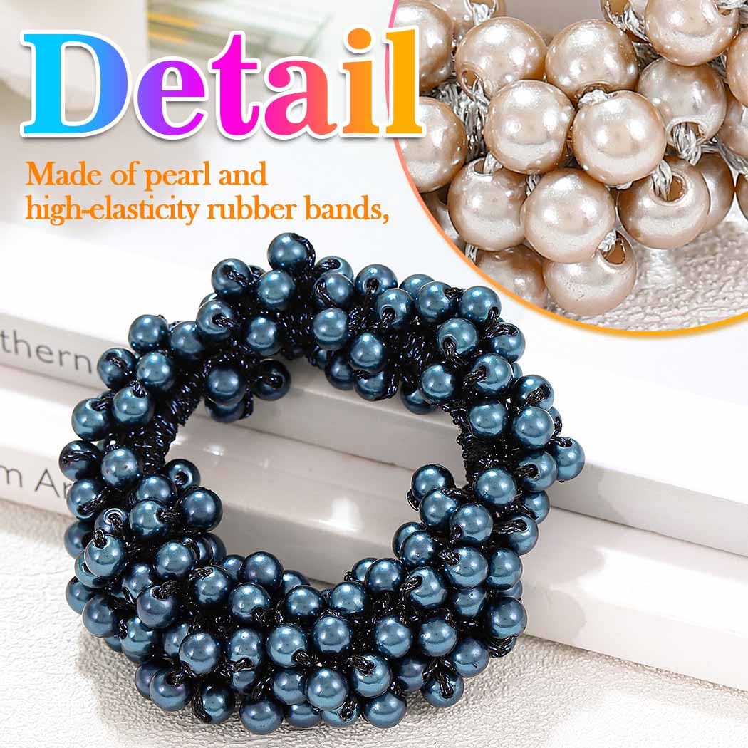 Reaky Pearl Hair Tie Blue Beaded Ponytail Holders Fancy Hair Scrunchies Decorative Hair Accessories for Women - Image 4