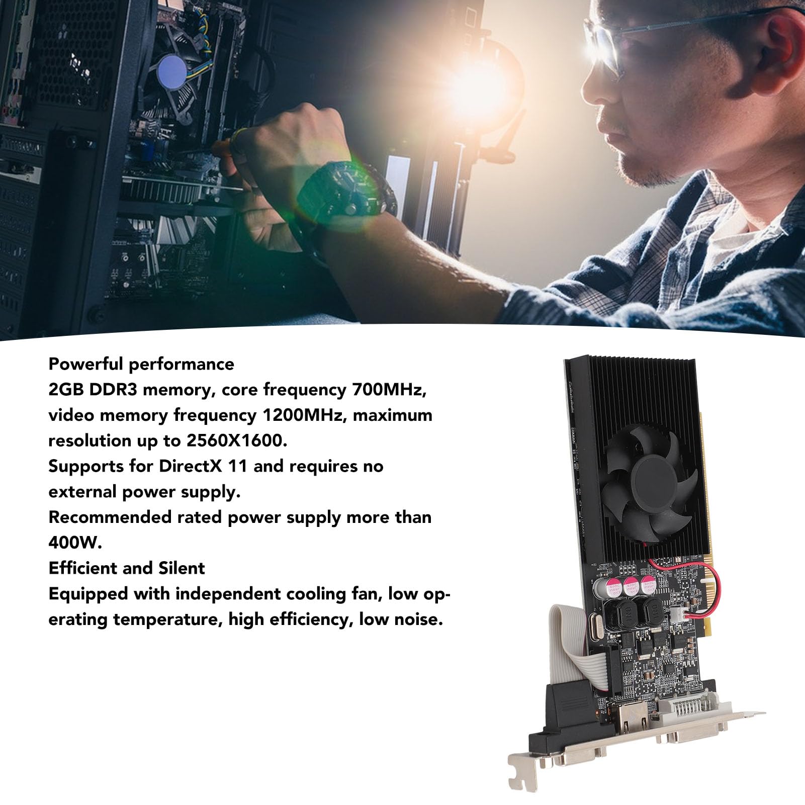 Bewinner Scheda grafica GT610, 2 GB DDR3 a basso profilo, HDMI DVI VGA 2560x1600 PCIe 2.0 Scheda grafica da gioco per 10/11/7/8