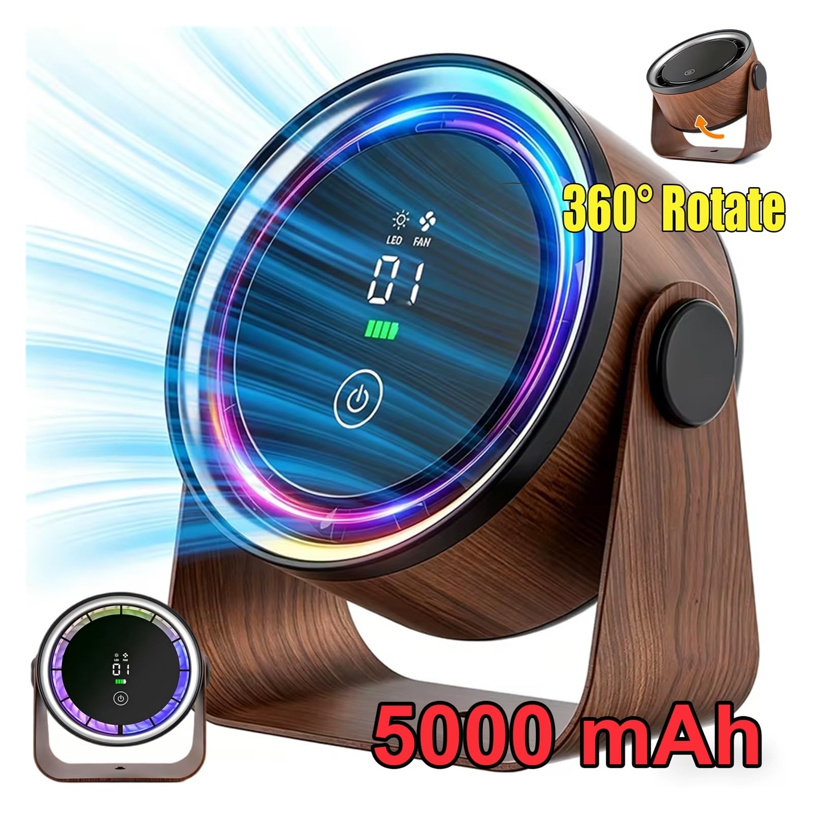Generico Mini ventilatore ricaricabile for scrivania e parete | 5000 mAh, 5 velocità, rotazione a 360°, luce notturna, montabile a parete(Light wood grain)