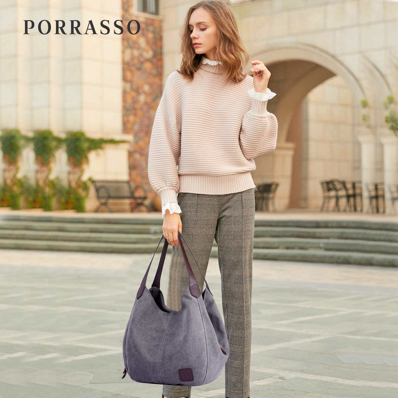 Damen Handtasche Canvas Hobo Schultertasche Mädchen Tote Bag Shopper Henkeltasche für Schule Reisen Arbeit Grau