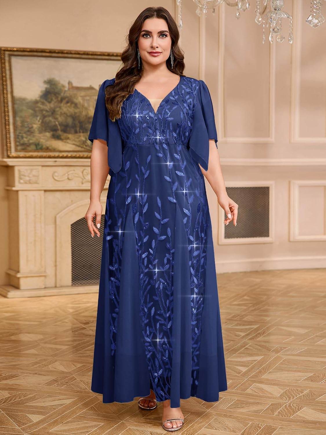 CYCLAMEN Plus Size Formal Dresses Sequin Embroidery V-Neck A Line Floor Length Wedding Guest Cocktail Evening Gown