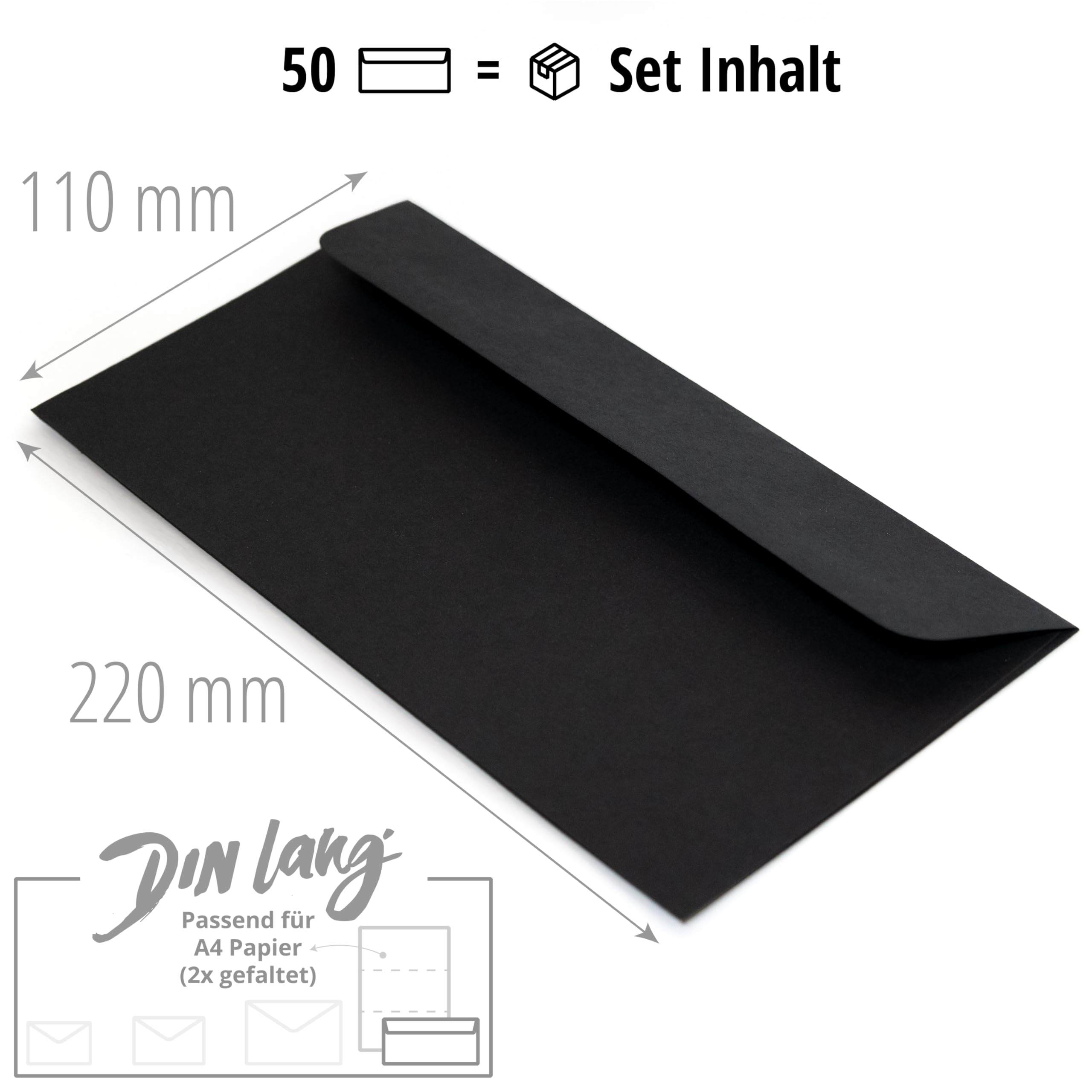 Japun - sobres (50 piezas) de papel, sobre sin ventana - DIN largo - 220x110 mm - negro
