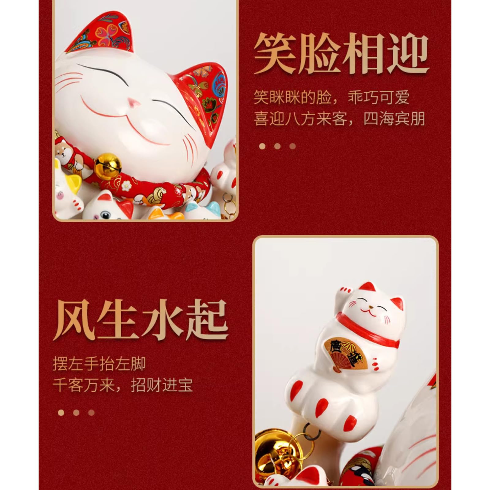 Maneki Neko japonés de cerámica blanca de 24 cm, estatua de gato de la suerte para decoración del hogar