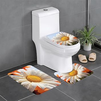 Daisy Flowers Bath Mat Set 3 Piece Non-Slip Absorbent Bathroom Rug Toilet Seat Lid Cover U Shaped Toilet Contour Mat for Bedroom Toilet Bathroom Decorations
