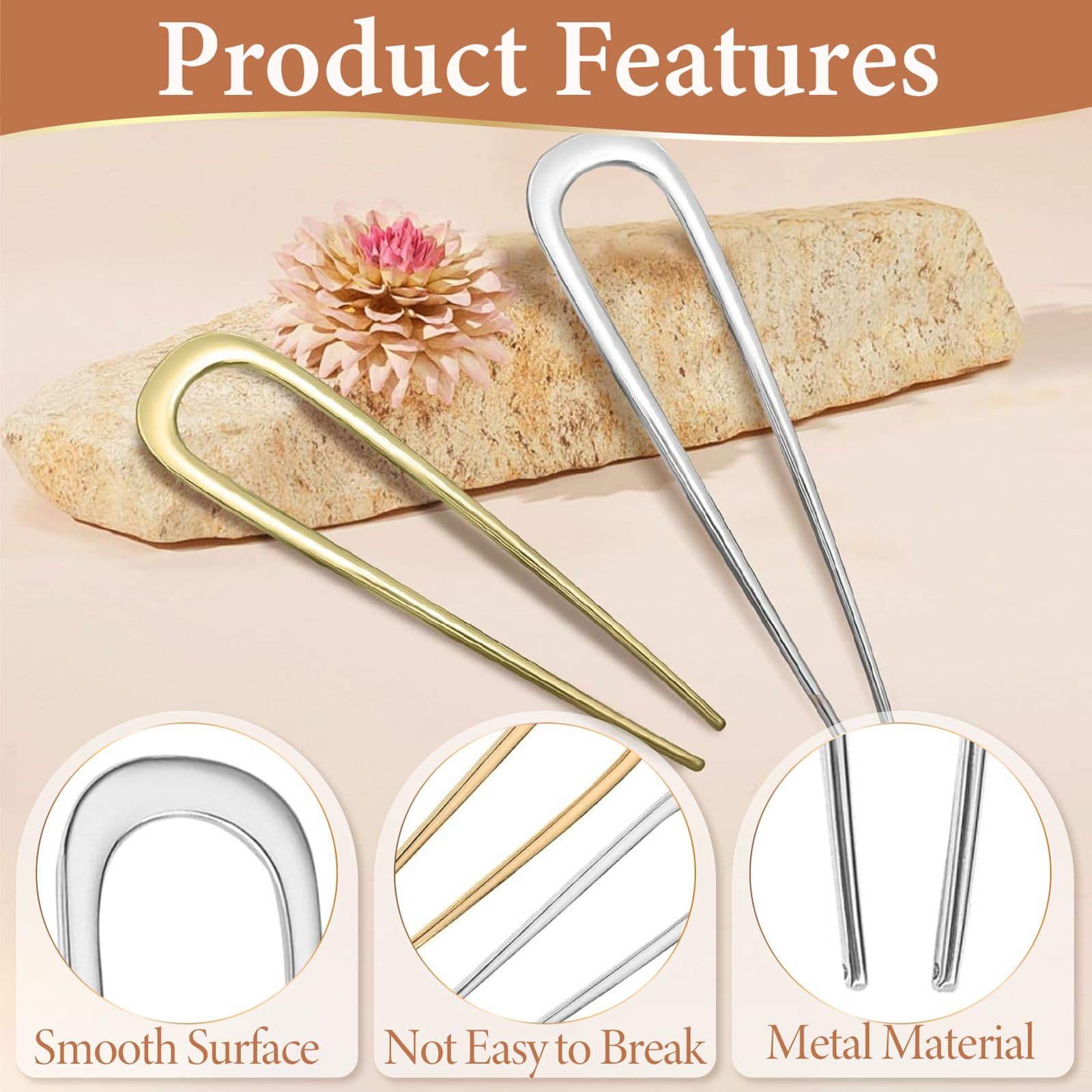 2 PCS Metal French Hair Pins, 14CM U Shaped Hair Pins, French Twist Hair Pin with 2 No Bend Hair Clips and 10 Bobby Pins - Image 3