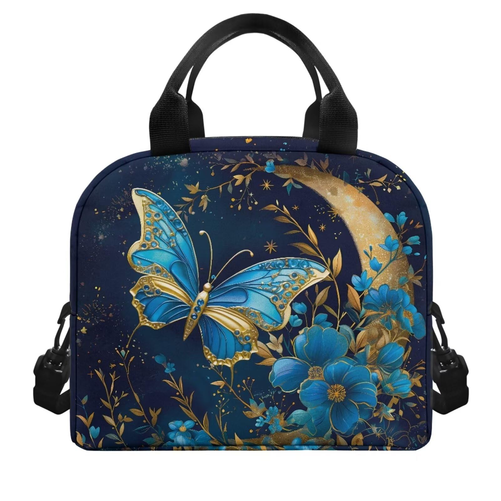 Lindas bolsas de almuerzo con diseño de mariposa azul para adolescentes y niñas, lonchera pequeña aislada para mujer, con correa y cremallera, bolsa de almuerzo reutilizable para el trabajo