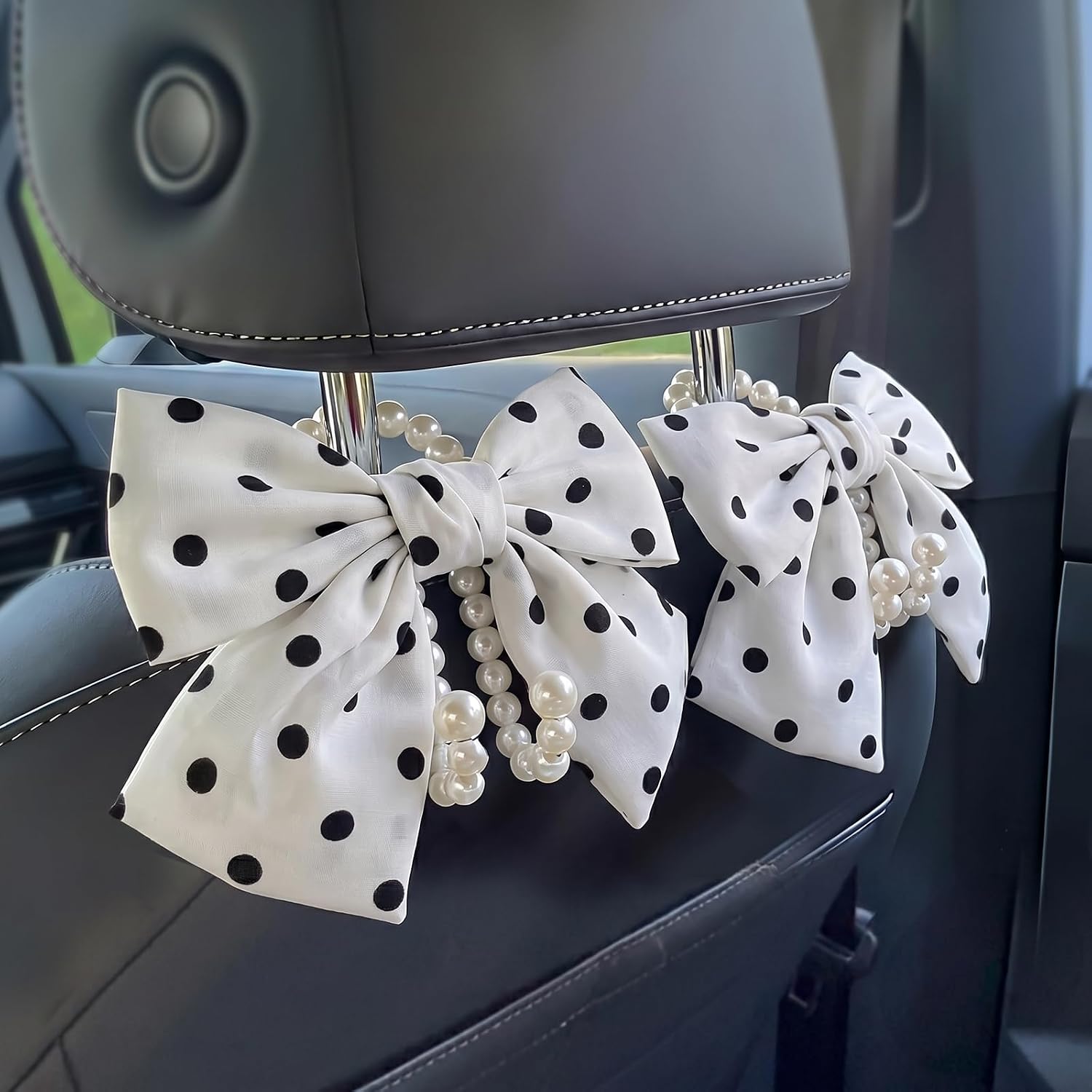 2 PCS Bow Pearl Car Seat Headrest Hook – Cute Purse Hook for Car, Girly Interior Decoration Accessories Hook Hanger, Seatback Holder for Purses & Bags, Elegant Car Organizer (White Polka Dot)