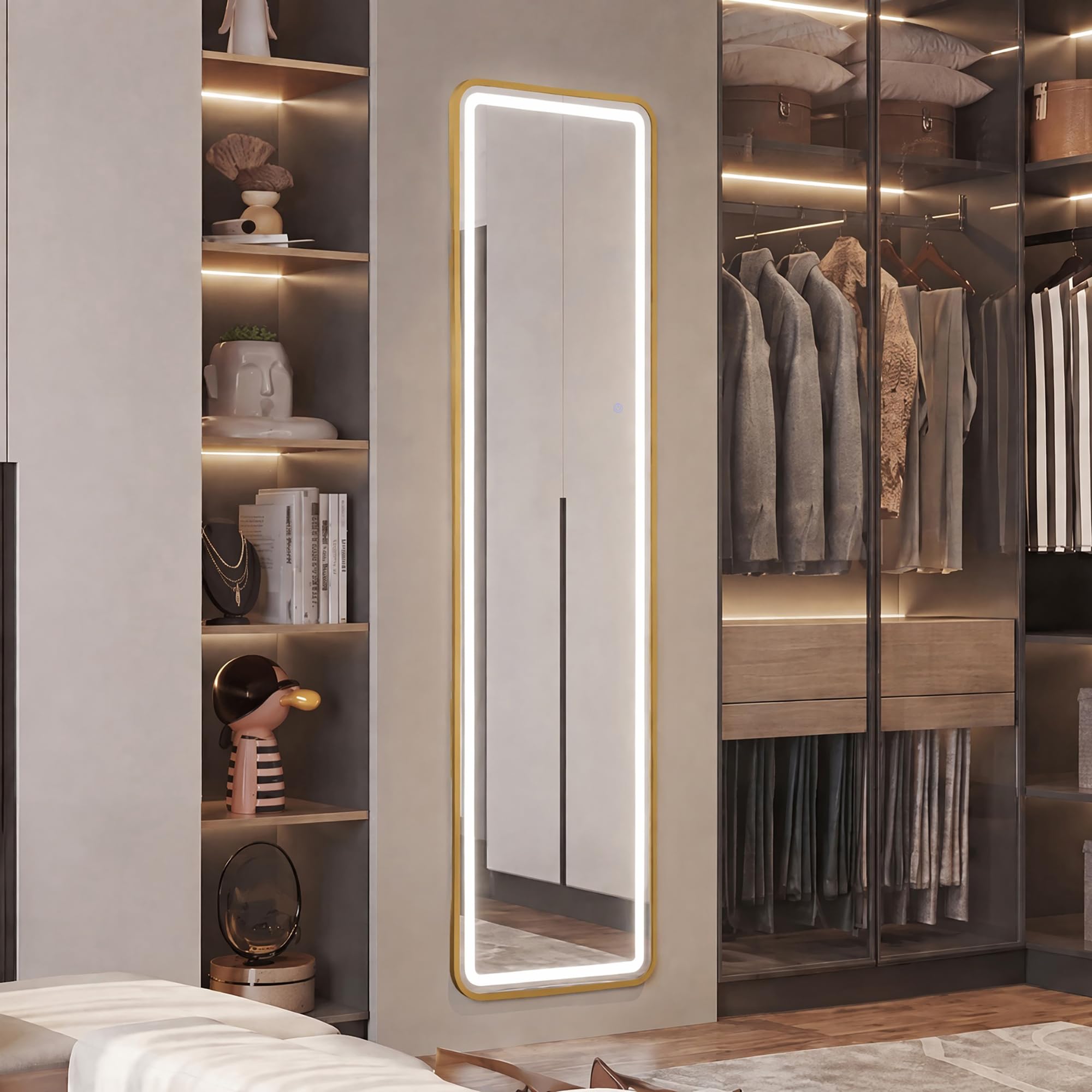 Lustro o pełnej długości LED 150 x 40 cm Złote lustro stojące w 3 temperaturach barwowych, możliwość ściemniania, duże wolnostojące i ścienne lustra do sypialni garderoba salon wejście