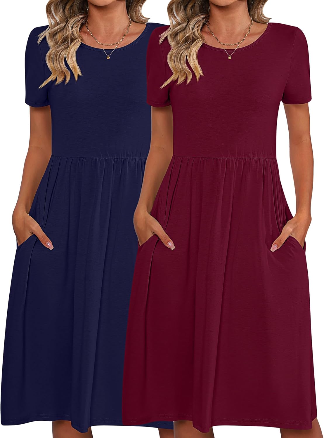 Riyiper 2 Pack Women Short Sleeve Dresses, Loose Fit Casual T Shirt Dress, Ladies Knee Length Swing Dress with Pockets Wine Red, Dark Blue Medium