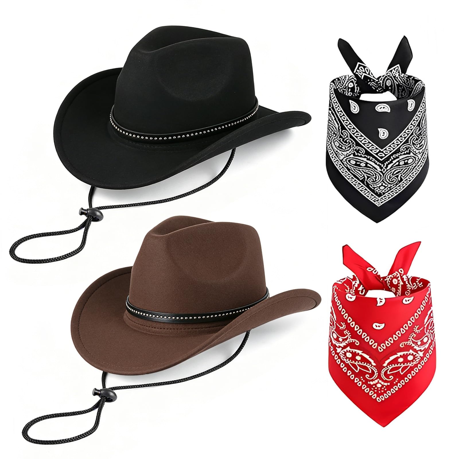 Gviix 2 Pack Cowboy Hats and Bandanas for Men and Women, Vintage Cowboy Party Accessories Includes 2 Vintage Cowboy Hats Brown and Black