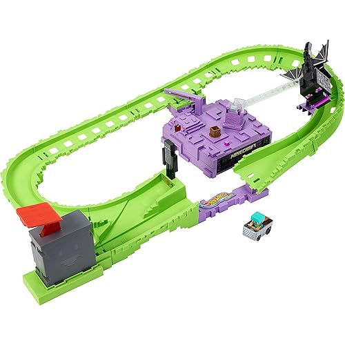 Hot Wheels Toy Car Track Set, RacerVerse Minecraft Playset & Die-Cast Diamond Armor Steve in Minecart Vehicle, Launch & Race to Defeat Ender Dragon
