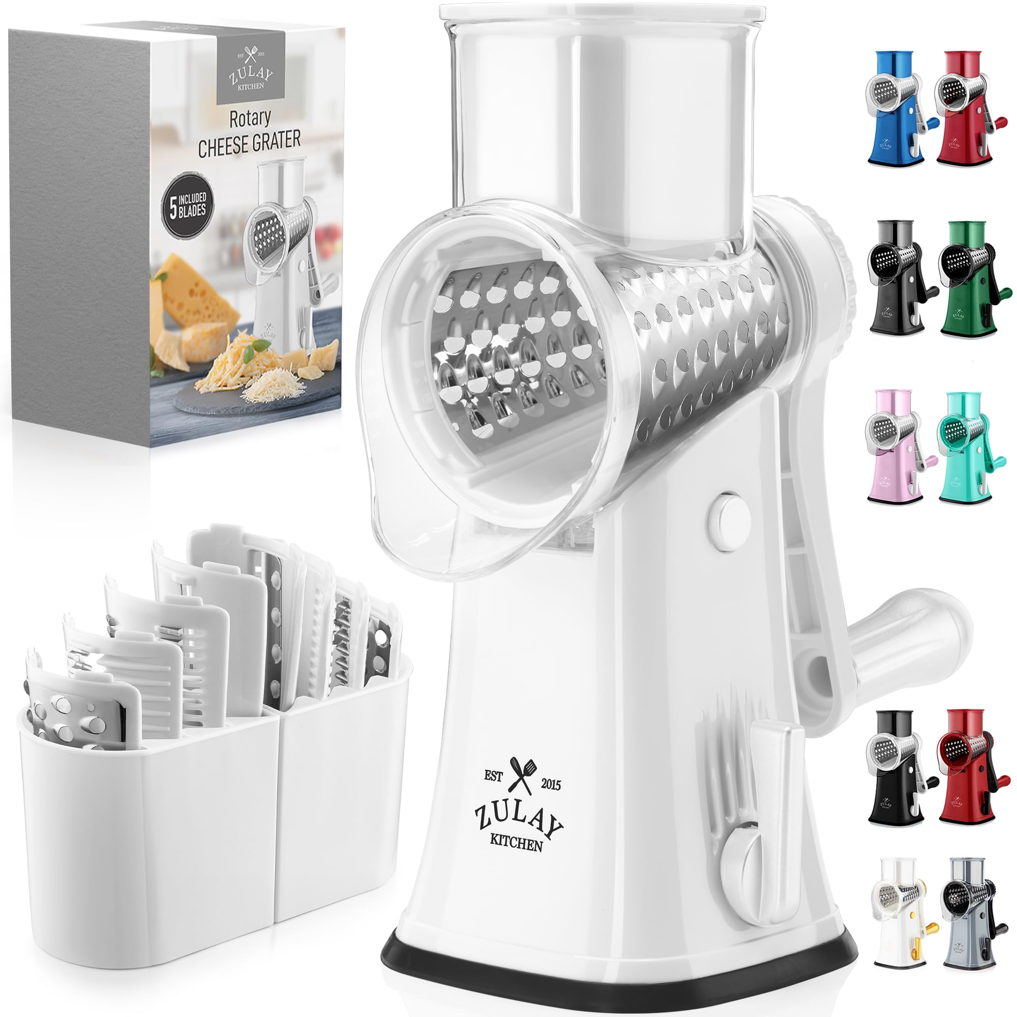 Rotary Cheese Grater Manual Hand Crank 5 Blade Shredder, White