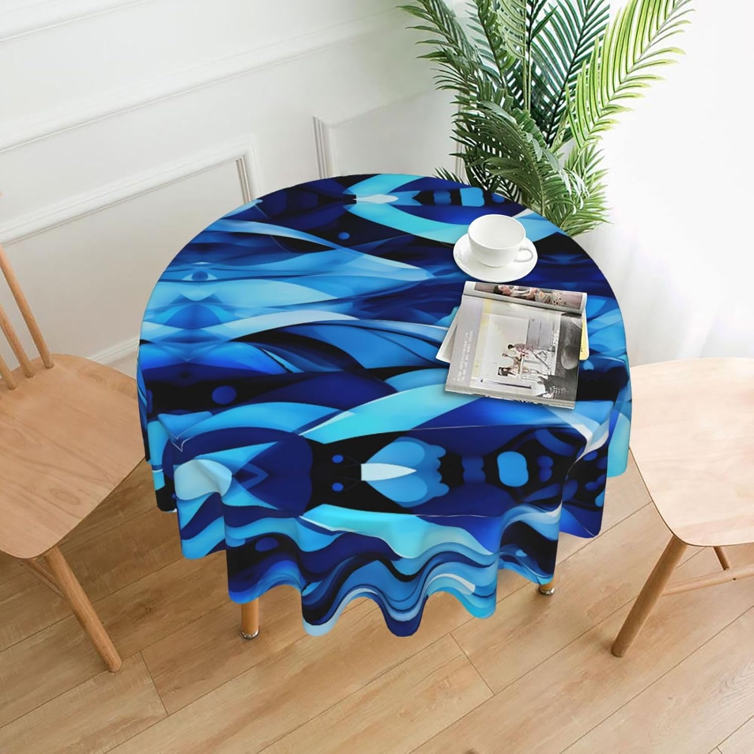 Abstract Blue Print Wrinkle Free Dining Table Cover for Birthday Party Farmhouse Tablecloths Up to 60 x 60 Inches