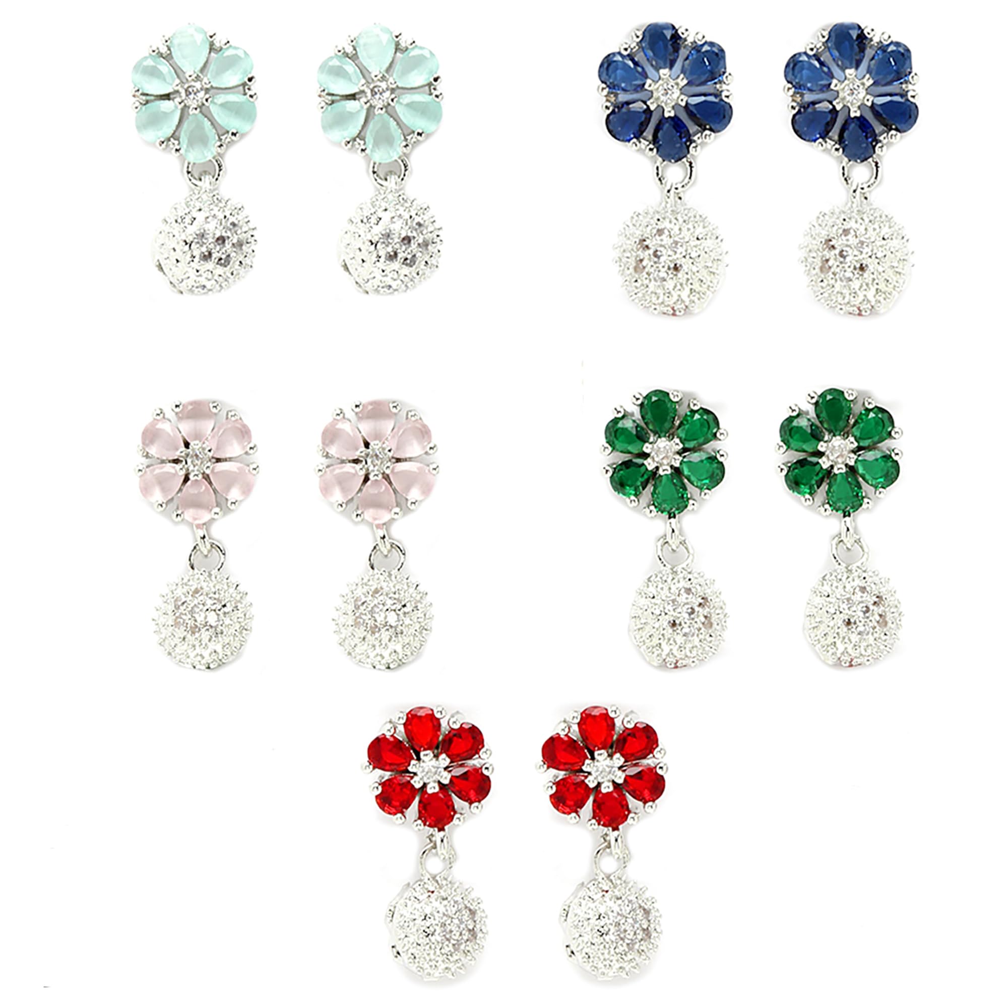 ZENEME Set of 5 Rhodium Plated American Diamond Studded Floral Drop Earrings For Girls and Women (B0CKFGB72F) Amazon Price History, Amazon Price Tracker
