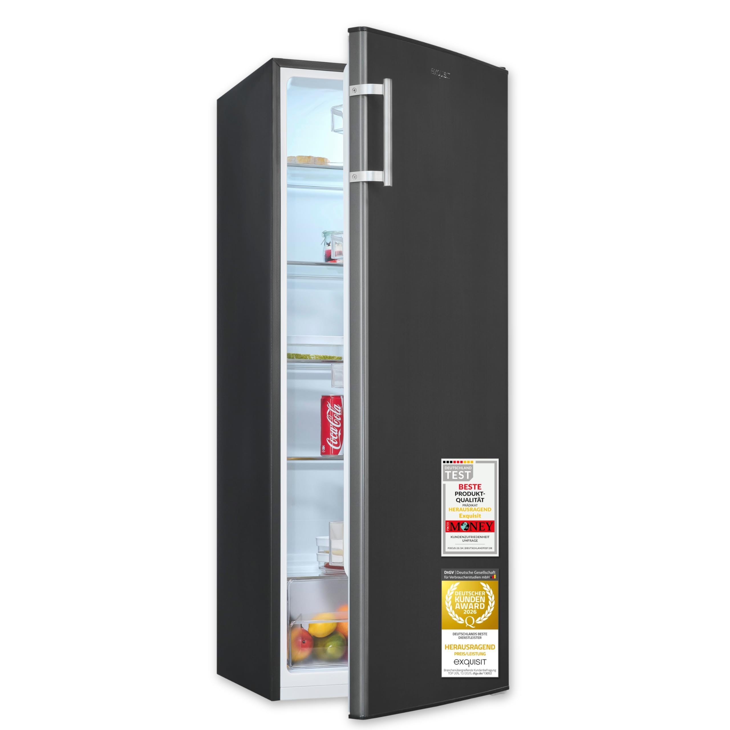 Exquisit Vollraumkühlschrank | 242 l Nutzinhalt, Energieeffizienzklasse E, 40 dB | LED-Beleuchtung, manuelle Temperaturregelung, Glasablagen, wechselbarer Türanschlag | KS5320-V-H-040E inoxlook-az