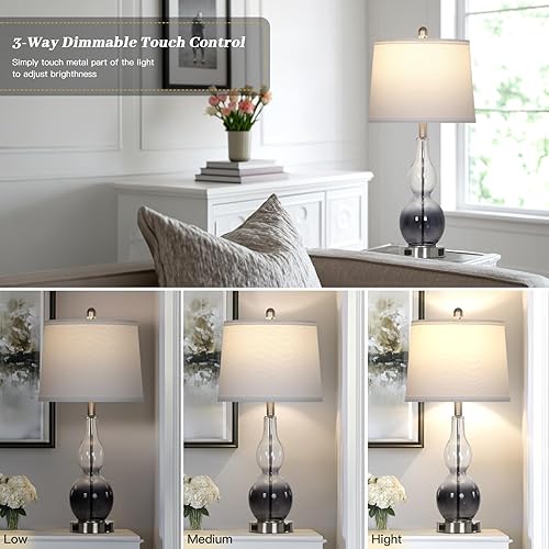 Miniatura 3 de 27.5" Gradual Gray Clear Glass Table Lamp Set of 2,3-Way Dimmable Touch Control Bedside Lamps with USB Ports and AC Outlet, Modern Nightstand Lamps