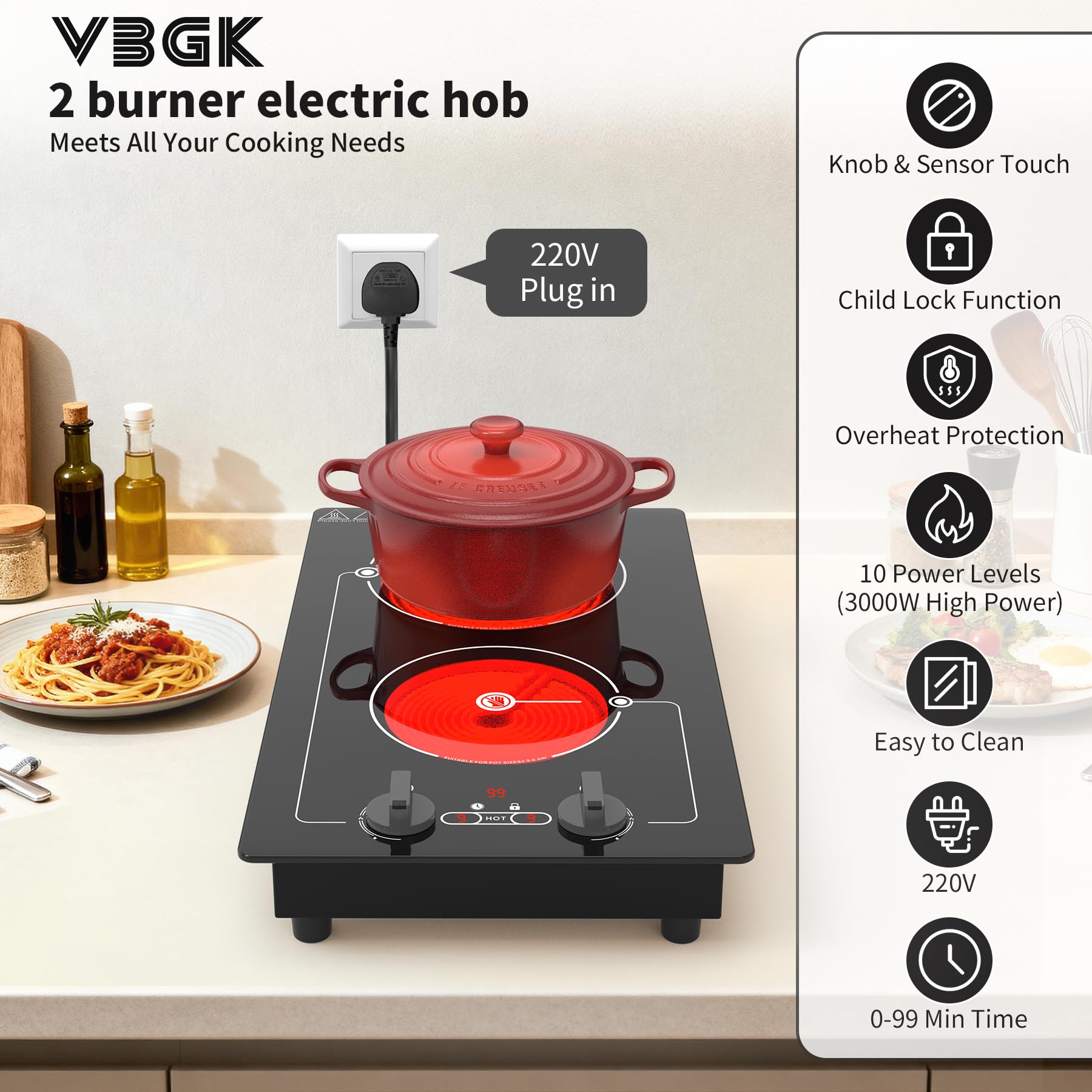 VBGK electric hob,Built-in Design and Countertop Stove Top with Knob Control&Touch Control,10 Power Level, Timer & Kid Safety Lock,220V 3000W 2 burner electric hob — view 3