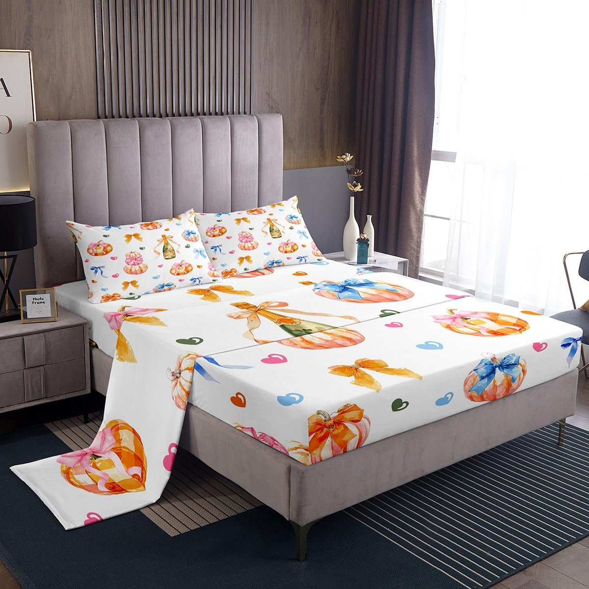Homewish Juego de ropa de cama con diseño de lazo de calabaza, tamaño doble, con lazo, diseño de mariposa, para mujer, 4 piezas
