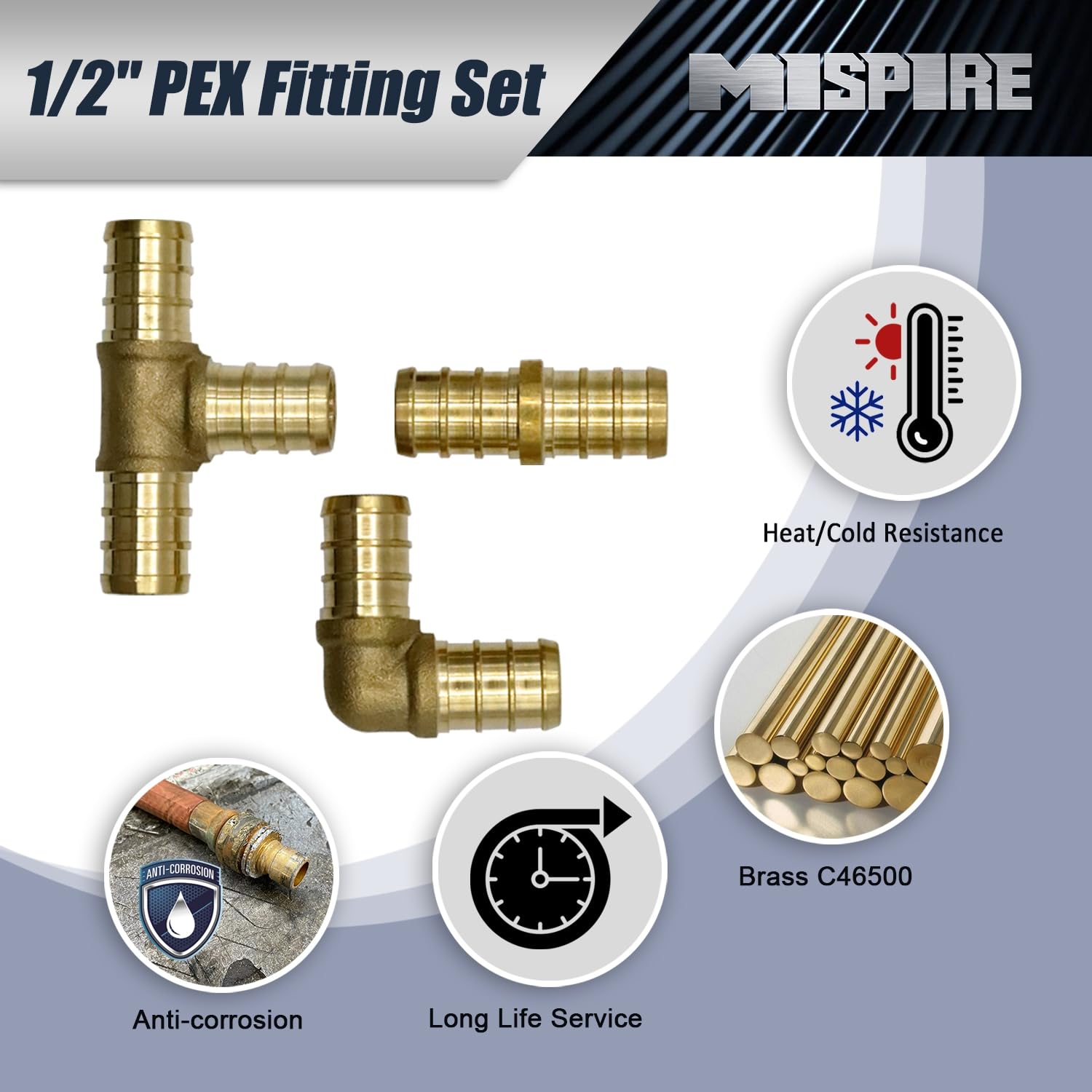 PEX Fittings - Paquete de 40 accesorios de 1/2 pulgada, 20 acopladores rectos, 10 codos de 90 grados y 10 piezas de crimpado en T, combo de accesorios de crimpado de latón PEX, latón sin plomo para