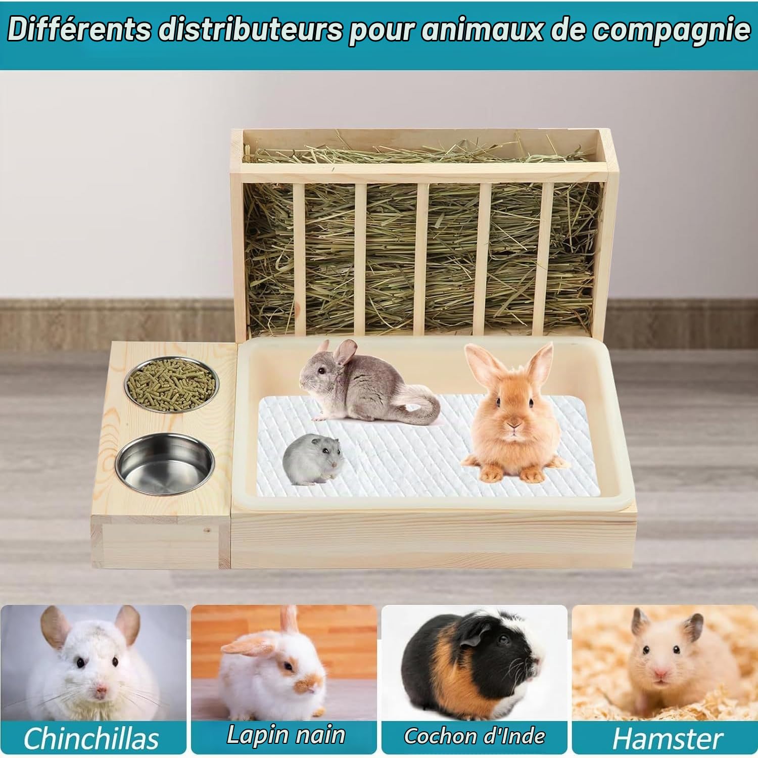 Ratelier Foin Lapin Mangeoire À Foin en Bois pour Lapin avec Bac À Litière 4 en 1 pour Petit Animal De Compagnie, Hamster, Furet，Mangeoire（Pas de Bouteille d'eau）