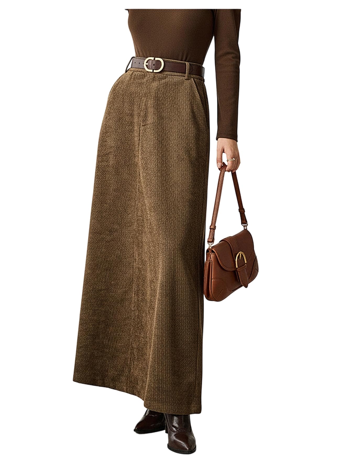 Womens Corduroy Maxi Skirt Fall Elegant High Waisted Business Casual Skirts with Pockets
