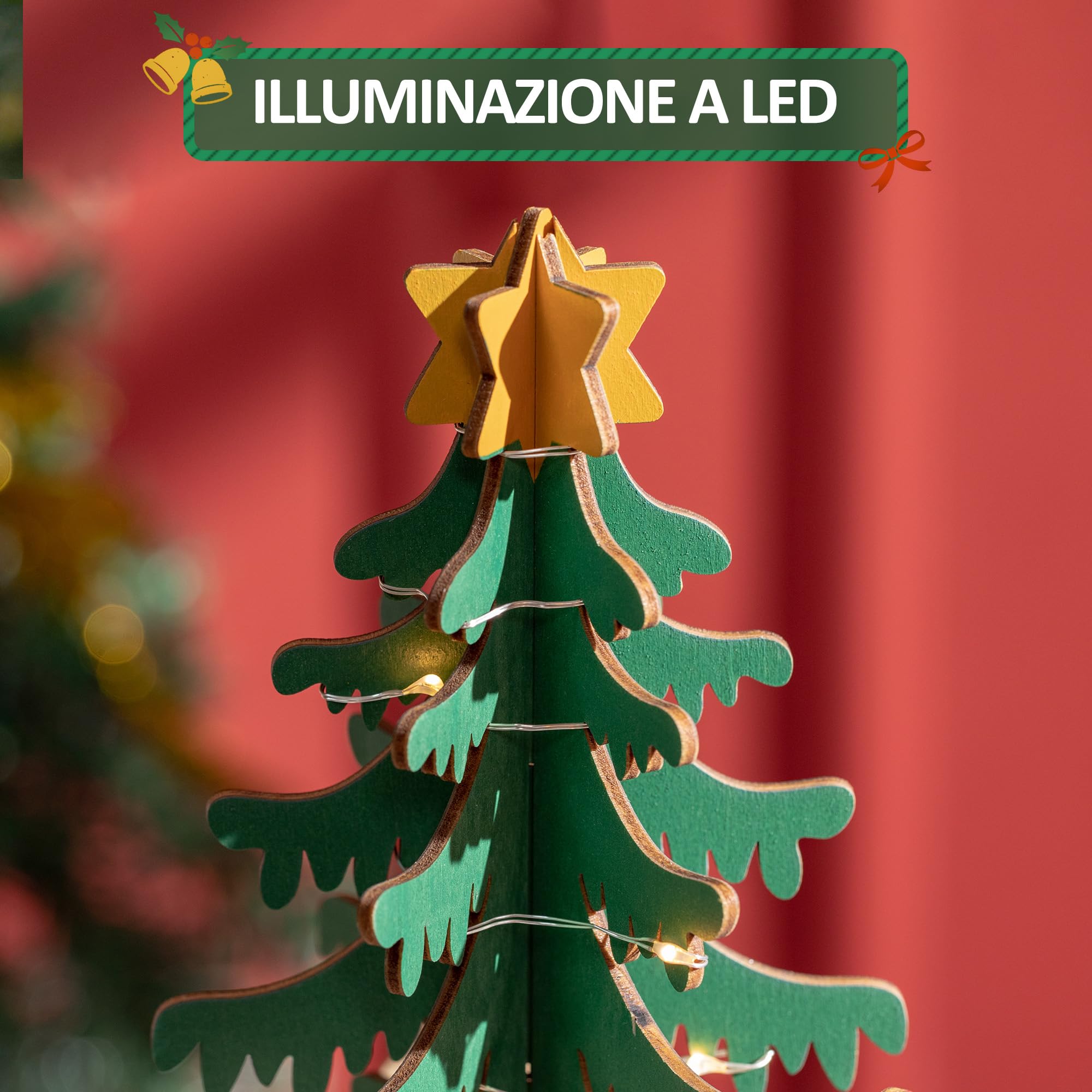HOMCOM Calendario Avvento di Natale a Cono con 10 Luci a LED, Calendario dell'Avvento in Legno con Motivi a Tema, 22x22x35 cm, Rosso Verde e Giallo