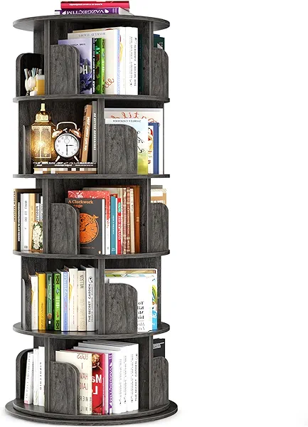 Besiost Rotating Bookshelf Tower, 5 Tier Spinning Bookcase, Revolving 360 Book Shelf Narrow Tall Bookcase, Vertical Turning Round Bookshelf Organizer, Wood Corner Book shelf for Small Space, Black Oak