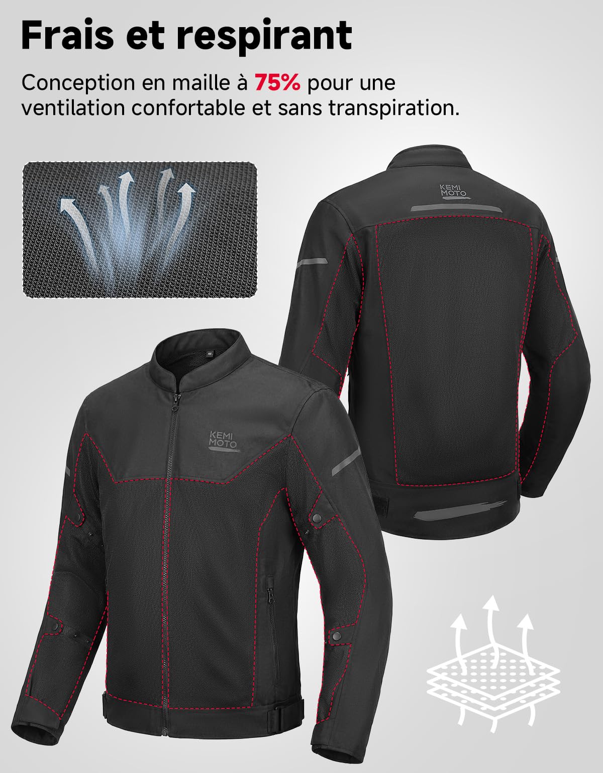 KEMIMOTO Veste Moto Homme, Blouson Moto avec Protections Conforme CE Amovible, Veste Motos Été en Maille Respirant pour Blouson Motard Scooter VTT Enduro