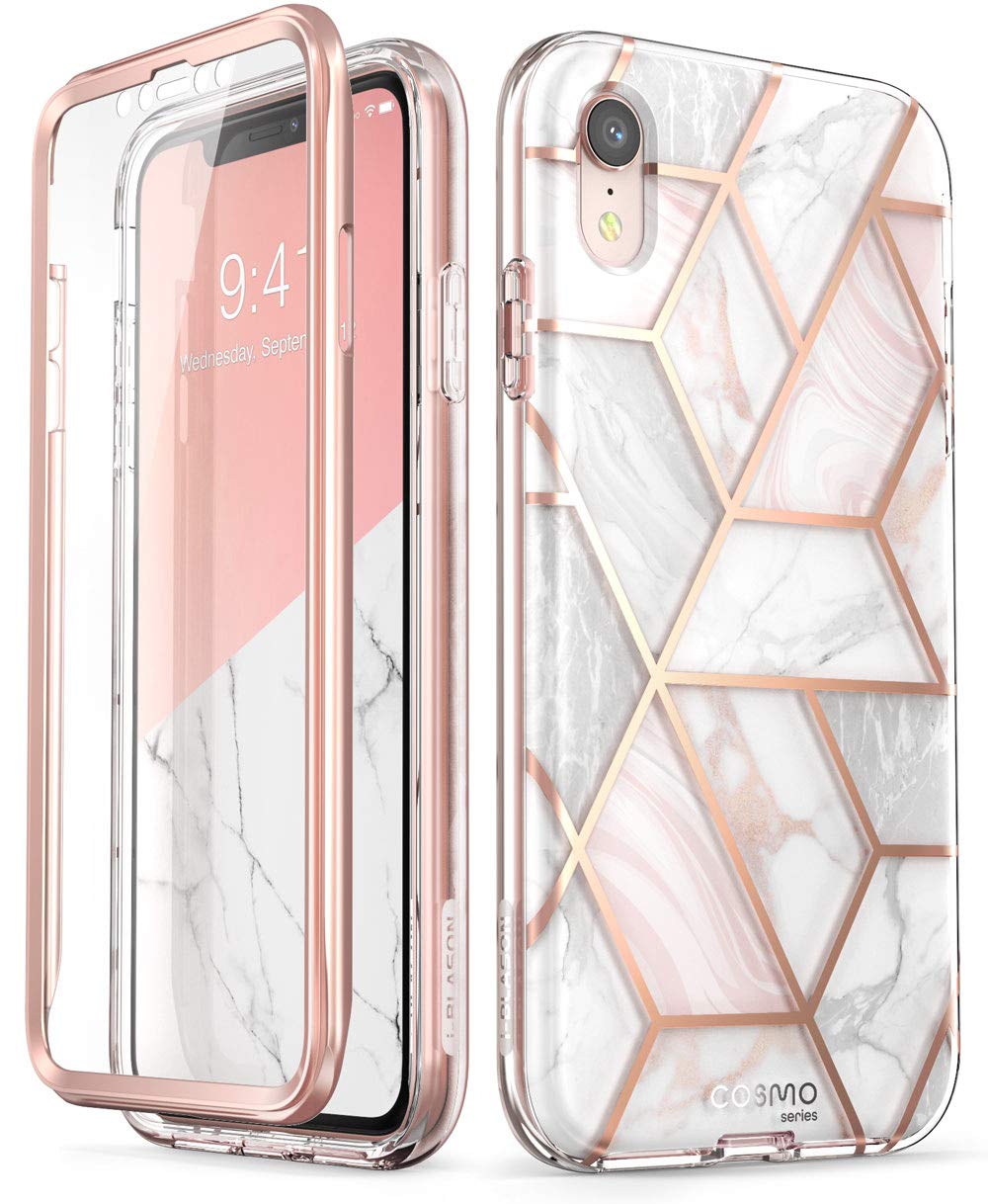 i-Blason Cosmo Full-Body Bumper Case with Built-in Screen Protector for iPhone XR 2018 Release, Pink Marble, 6.1"