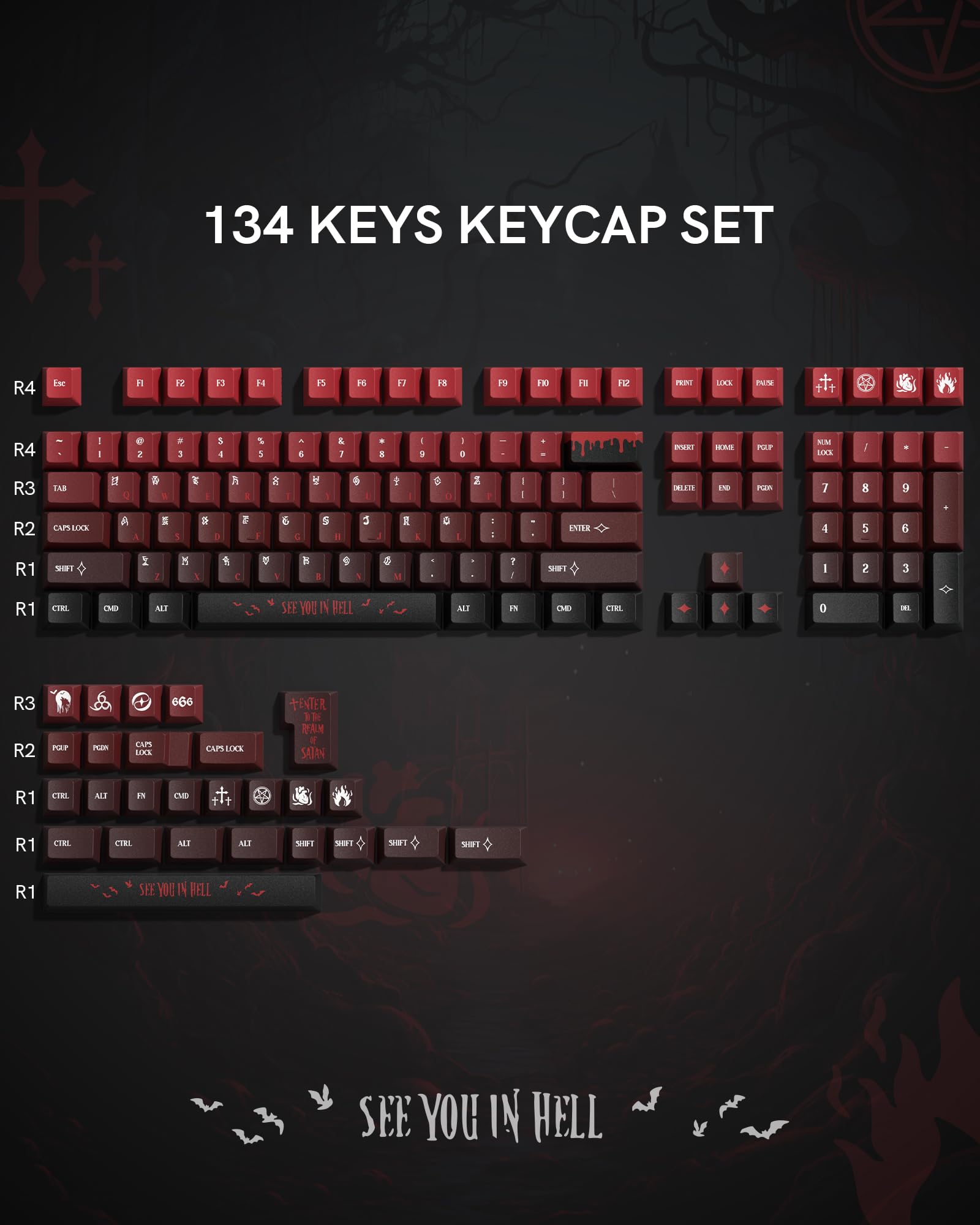 COSTOM PBT Keycaps with 134 Keys, Cool Custom Keyboard Caps 60 75 65 100 Percent, Cherry Profile Dye Sublimation PBT Keycap Set for Full Size Mechanical Gaming Keyboard, Black Red Blood Theme