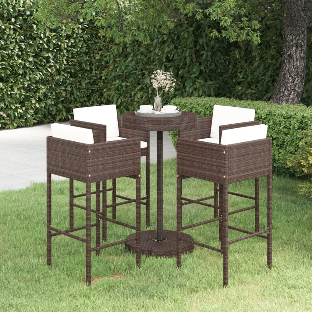 Set de Bar para jardín en ratán sintético marrón con 5 Piezas, Incluye Mesa Redonda y 4 taburetes con Cojines Crema, Muebles Resistentes para terraza, Patio, balcón y Ocio al Aire Libre