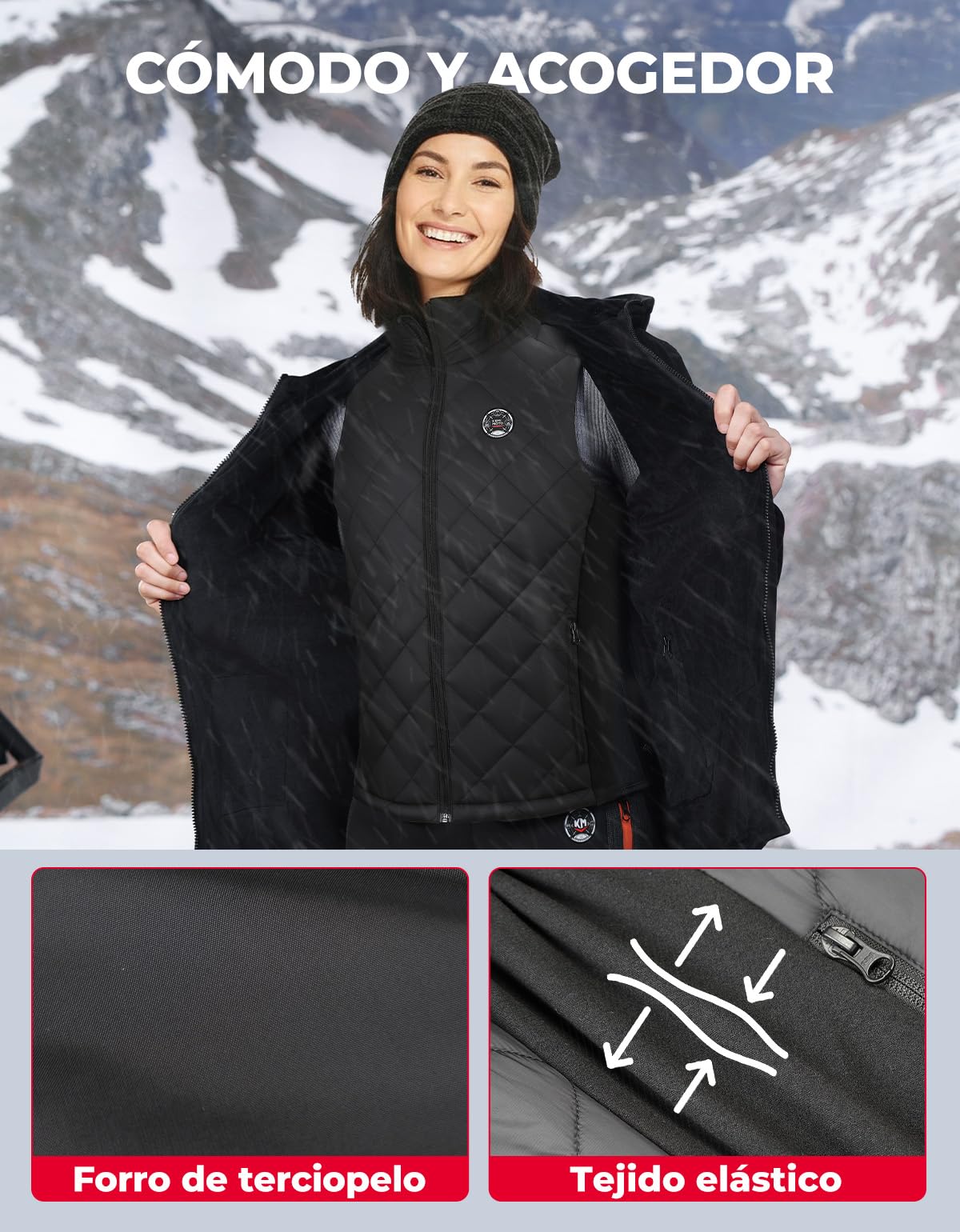KEMIMOTO Chaleco Calefactable Mujer con Control APP, Control independiente, Chaleco Térmico Corte Elegante y Ajustado Batería 10000 mAh, 4 Zonas Calefactora Pesca Senderismo
