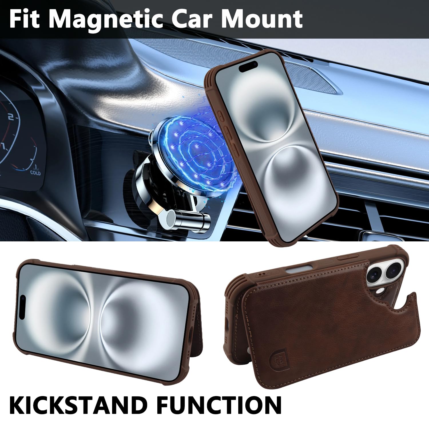 VANAVAGY Compatible for iPhone 16 Plus Wallet Case with Credit Card Holder,Rfid Leather Flip Folio Phone Cover Fits Magnetic Car Mount and Stand with Screen Camera Protector,brown - Image 4