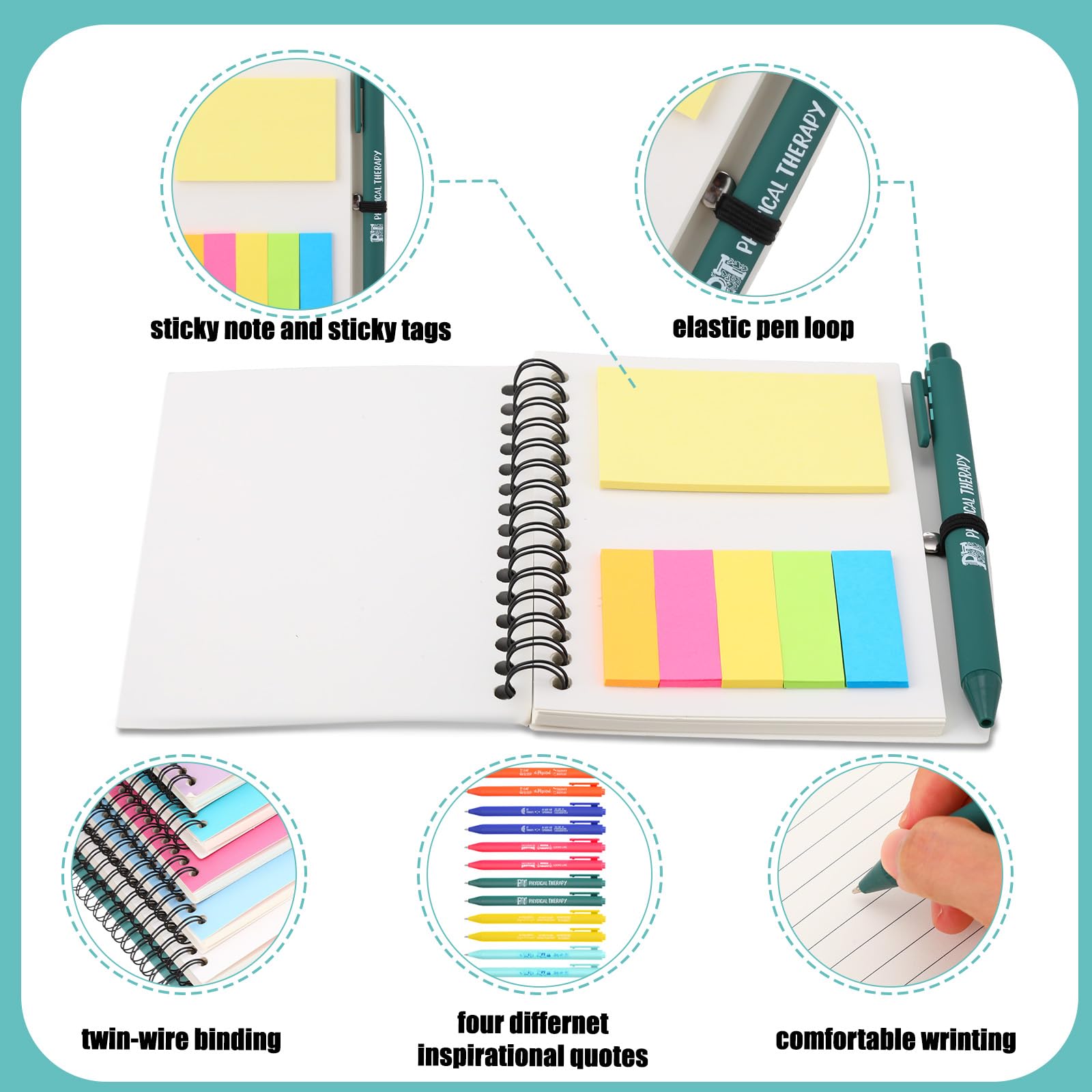 Vesici Lot de 12 carnets à spirales multicolores inspirants avec stylo pour kinésithérapeute, cadeau pour infirmière, collègue, personnel médical, fournitures de bureau