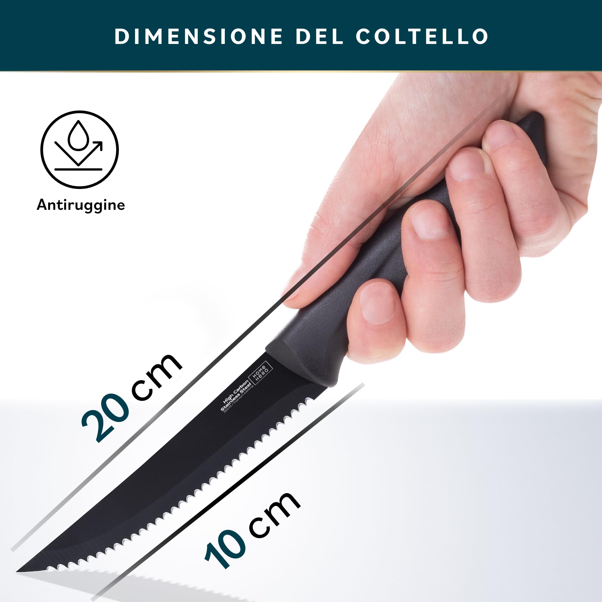 Home Hero Set di 12 coltelli da bistecca, lame in acciaio inox ad alto tenore di carbonio, coltelli seghettati affilati come rasoi - manici ergonomici neri - 12 pezzi, nero