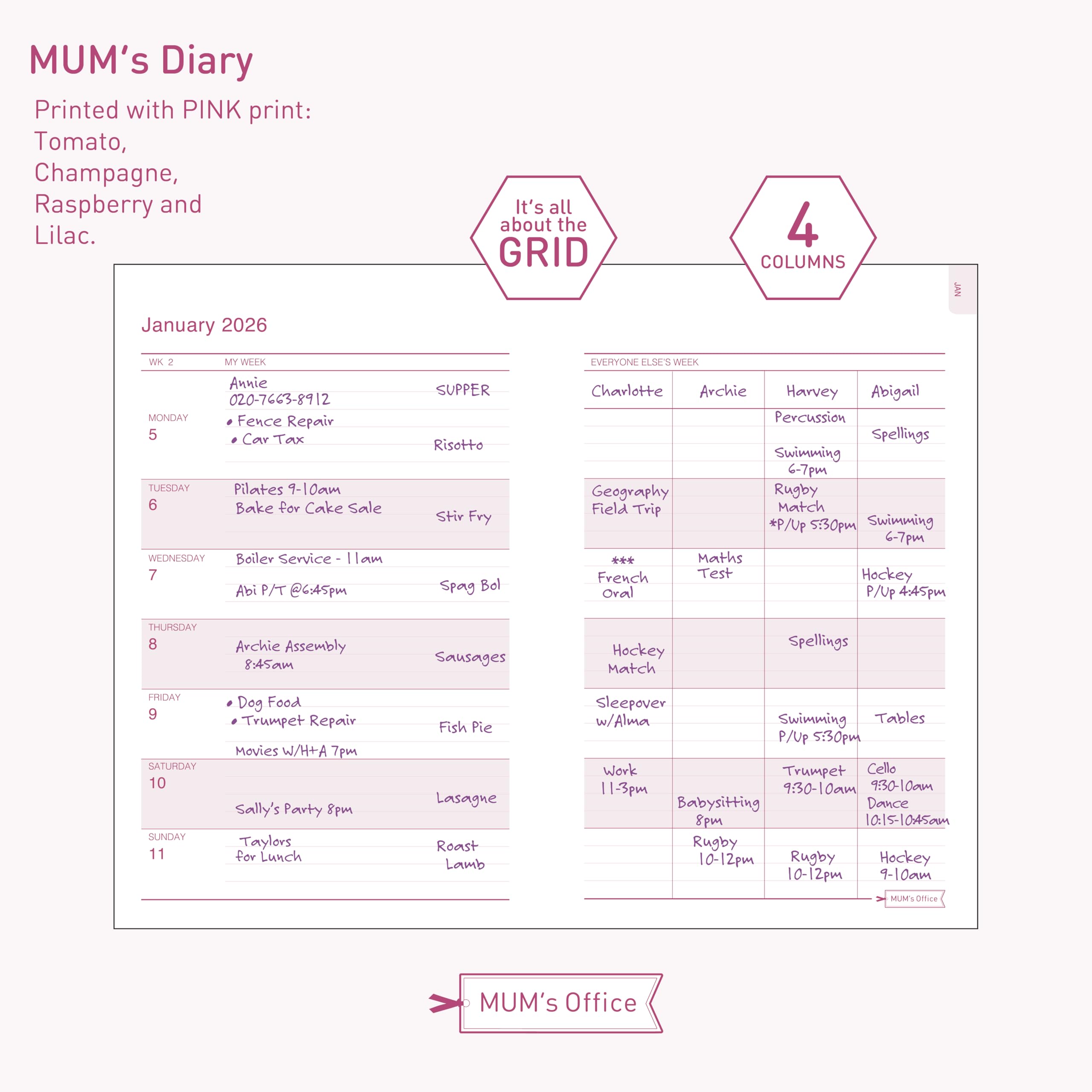 MUM's Diary 2026 (Champagne) - Medium sized 2026 diary - Jan to Dec 2026 Week-To-View with 4 column GRID layout - organise the scheduling chaos of busy family life - Image 2