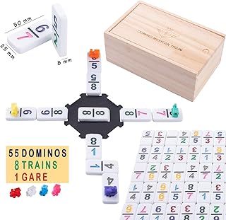 Engelhart – Premium Numbers Domino Mexican train Set / Domino classic Mexican train set – Double 9 version – 2 – 4 Players – 55 dominoes Thick Size 8 mm – 9 Colored Trains Included (Numbers)