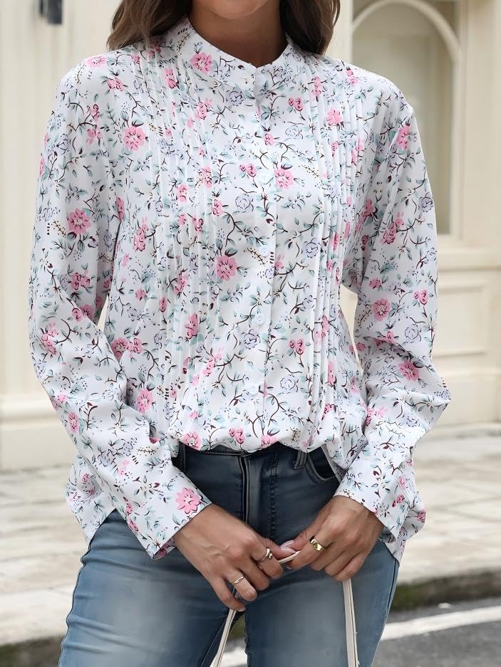 Womens Long Sleeve Button Down Up Shirt Floral Boho Early Fall Clothes Pleated Green Leaves Crewneck Top Work Blouses - Image 6