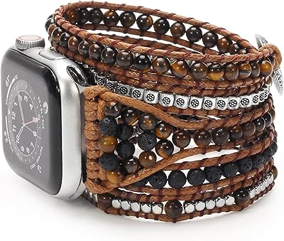 Wingoden Beaded Boho Watch Band Compatible Apple Watch Band 41mm/38mm/40mm 5 Wrap Watch Bracelet Apple Watch Strap for Women Men Natural Stone iWatch Band Series 8/7/6/5/4/3/2/1/SE/Ultra, Tiger Eye, M Size