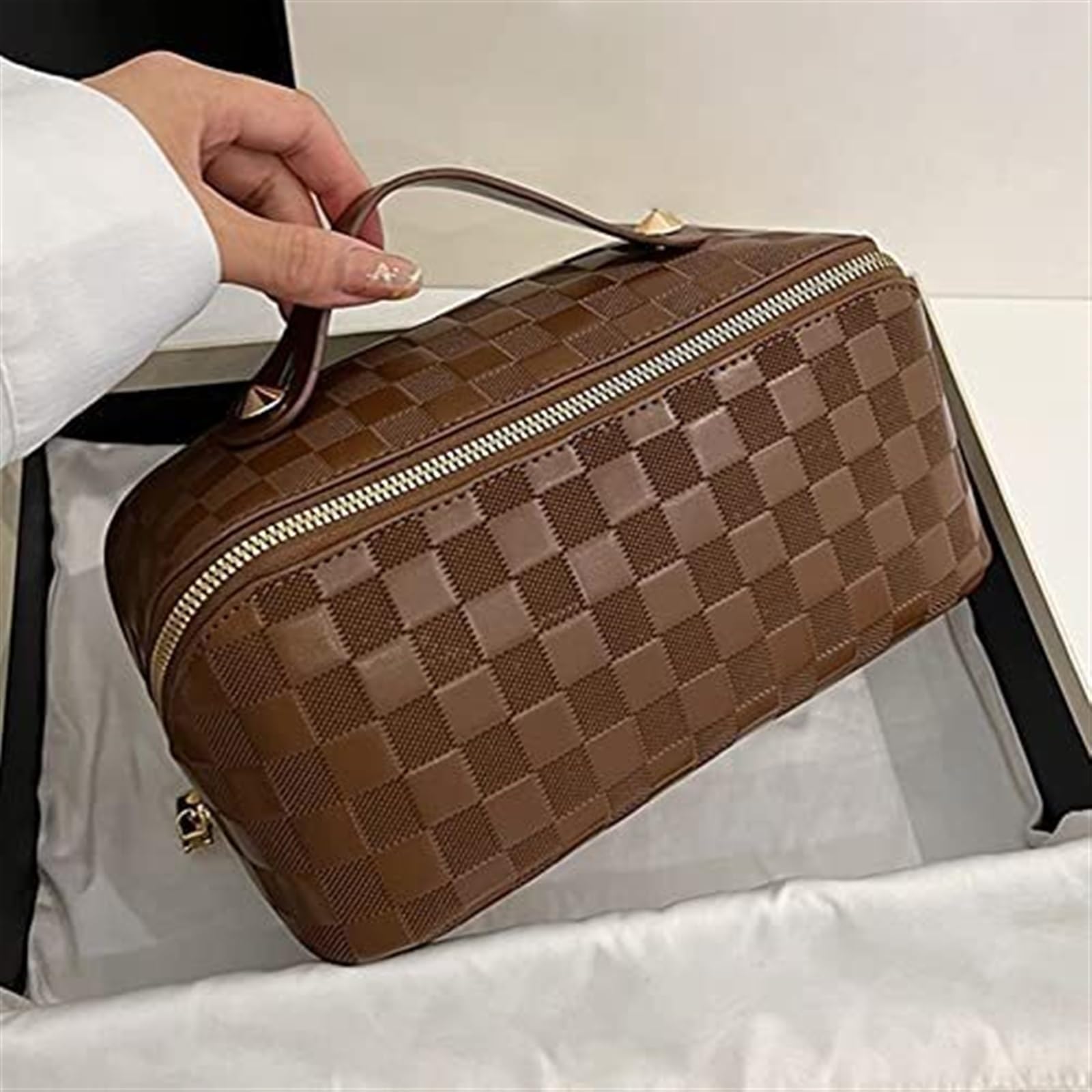 Kosmetiktasche Damen Reise-Kosmetiktasche, Kariertes Karo-Make-up-Tasche, Tragbares Leder Mit Griff Und Fächern Kulturbeutel(A)