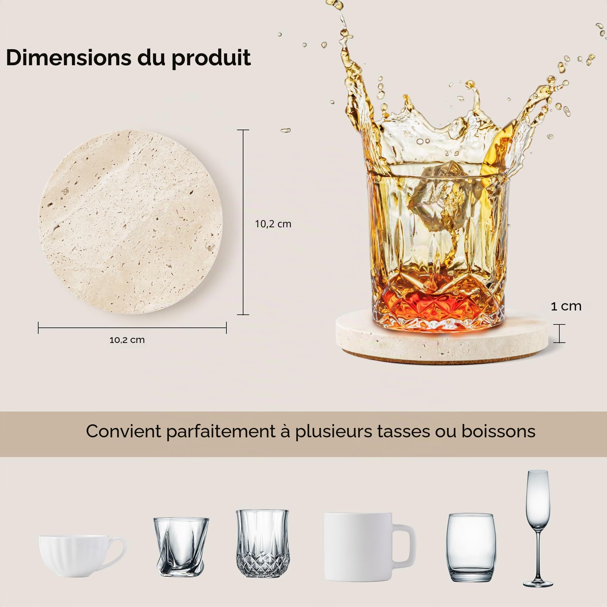 Dessous de Verre à vin en marbre, Jeu de 4 Dessous de Verre Ronds en travertin avec Fond en liège pour Tasses à thé, Tasses à café, Verres à vin, pour la Maison, Le Bar et Le Bureau (BD140)
