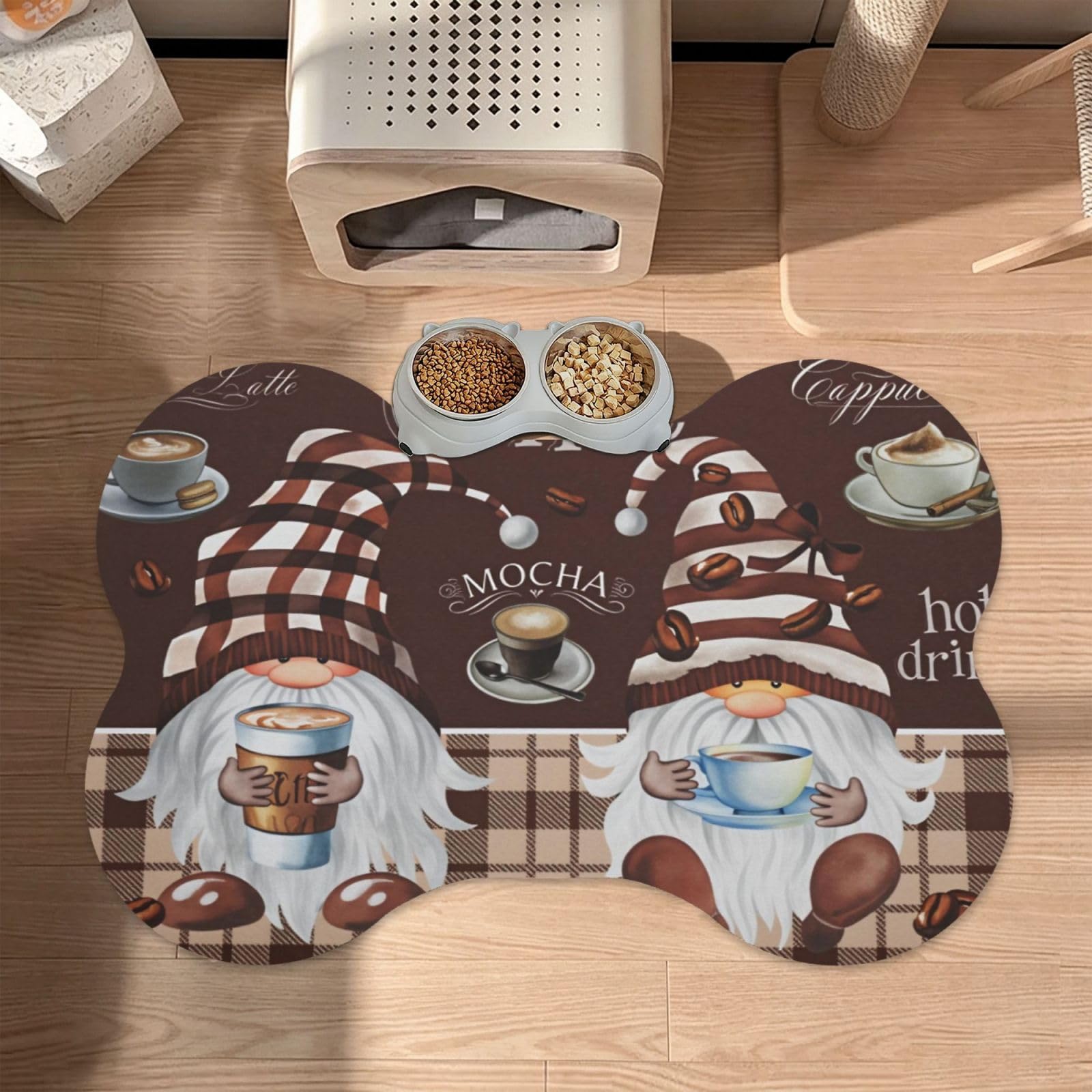 Tappetino per ciotola per cani a forma di osso per bevande calde, caffè, latte, cappuccino, caffè, gnomi, impermeabile, in pelle PU, antiscivolo, 40,6 x 61 cm