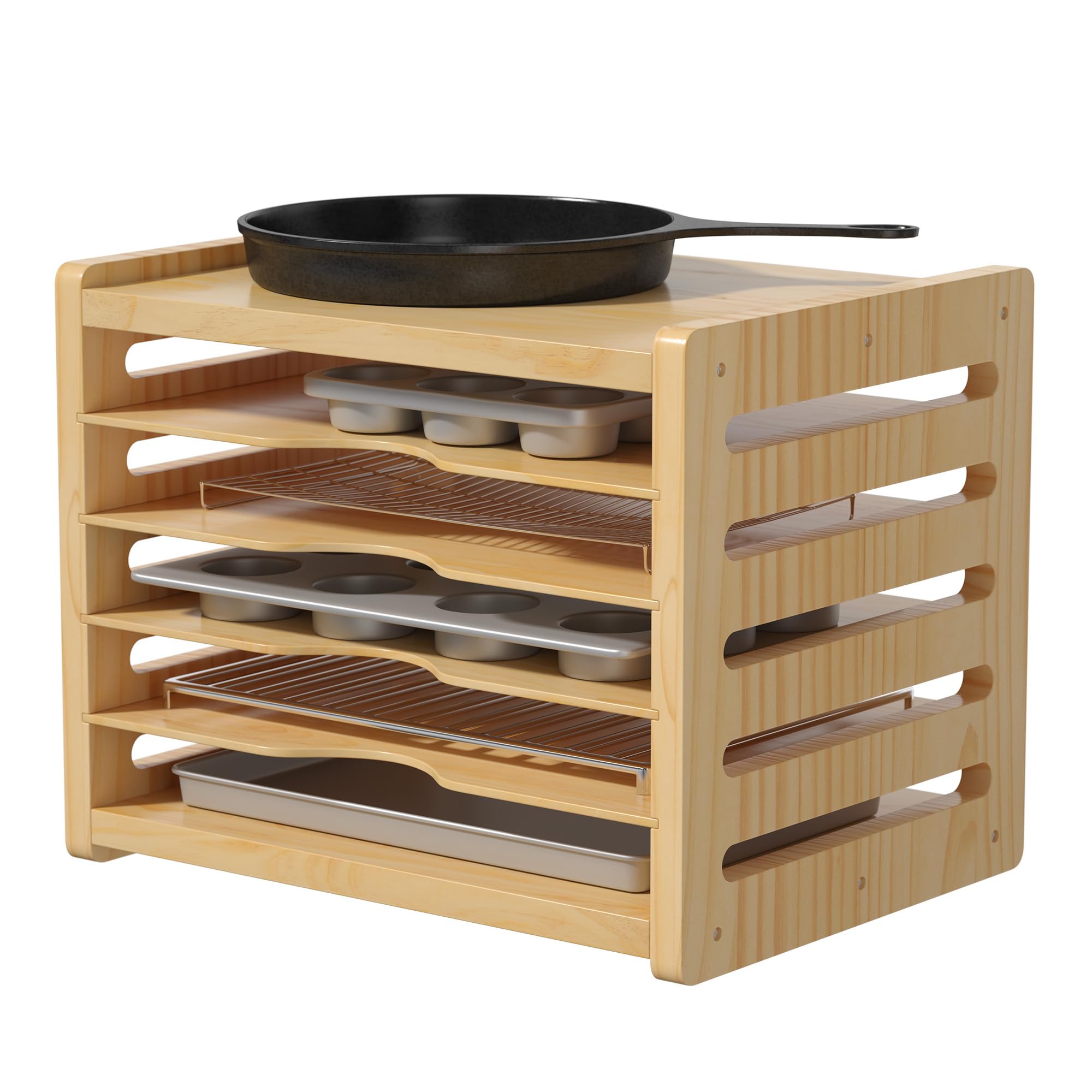 6 tier wooden tray dividers for cabinets, kitchen vertical cookie sheet organizer, baking trays storage rack for baking pans, cutting board
