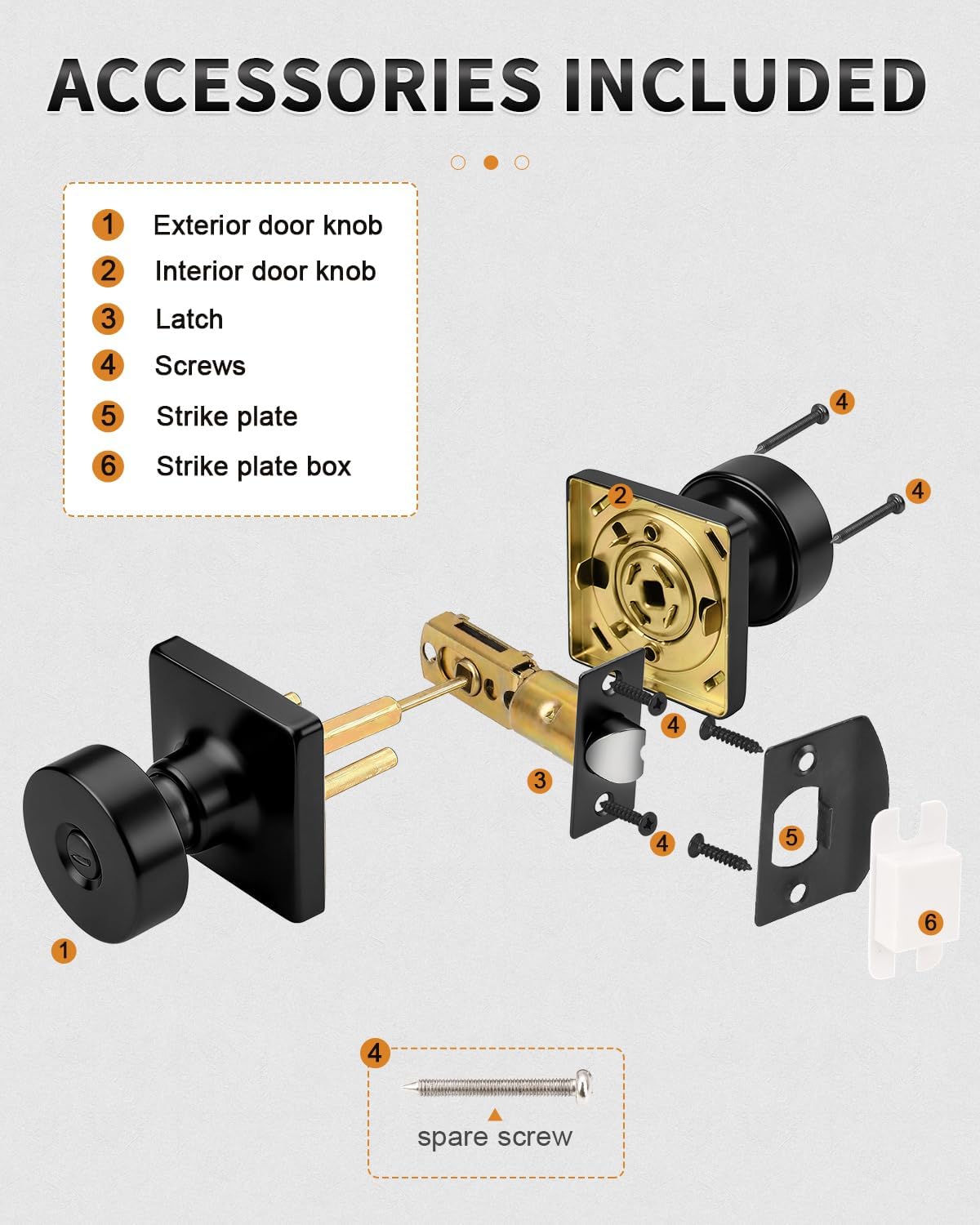 Probrico Privacy Keyless Door Knobs Interior 4 Pack, Modern Door Locks for Bedroom/Bathroom Inside, Classic Black Doorknobs Without Keys