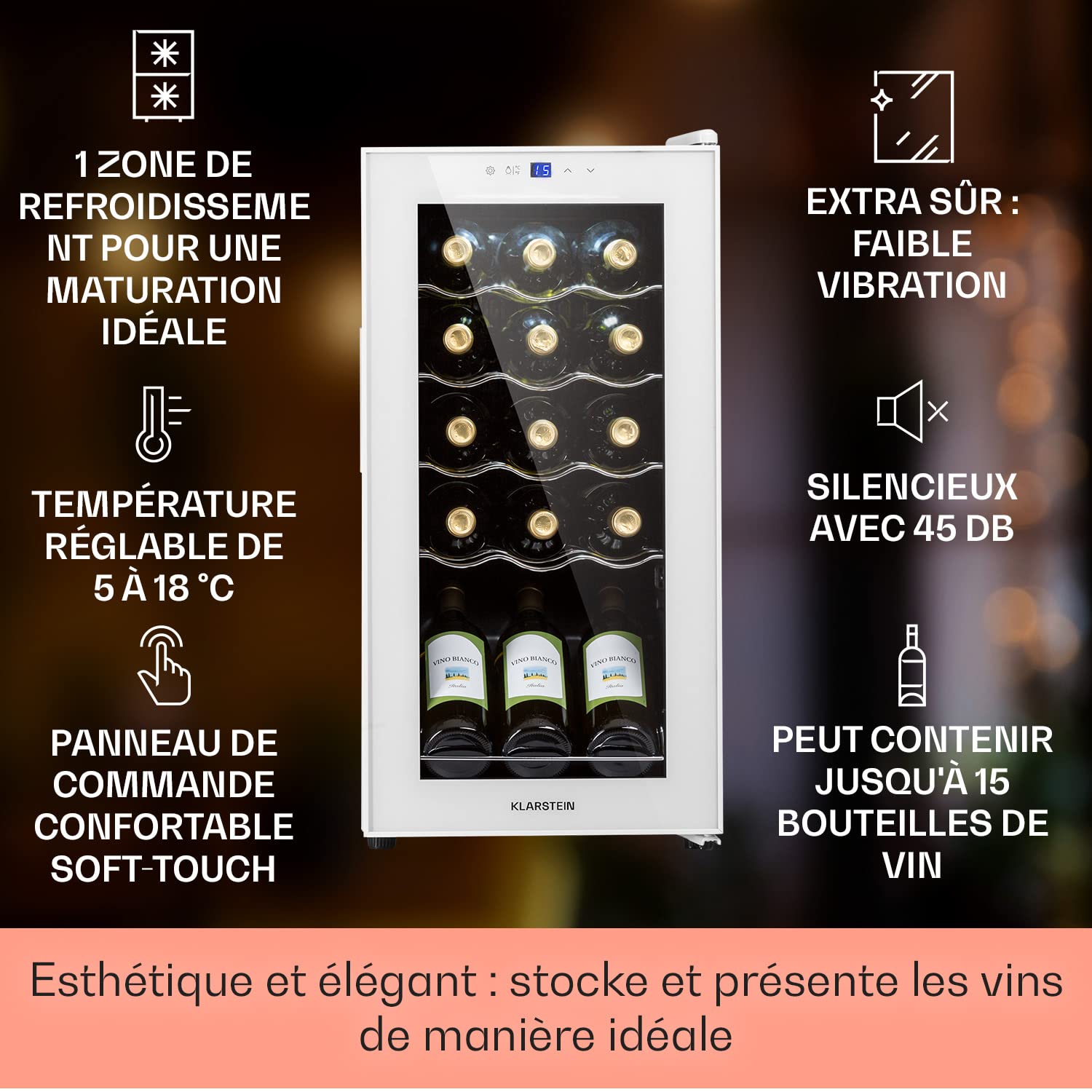 Vue rapprochée de la porte en verre de la cave à vin Klarstein, mettant en valeur l'éclairage intérieur.