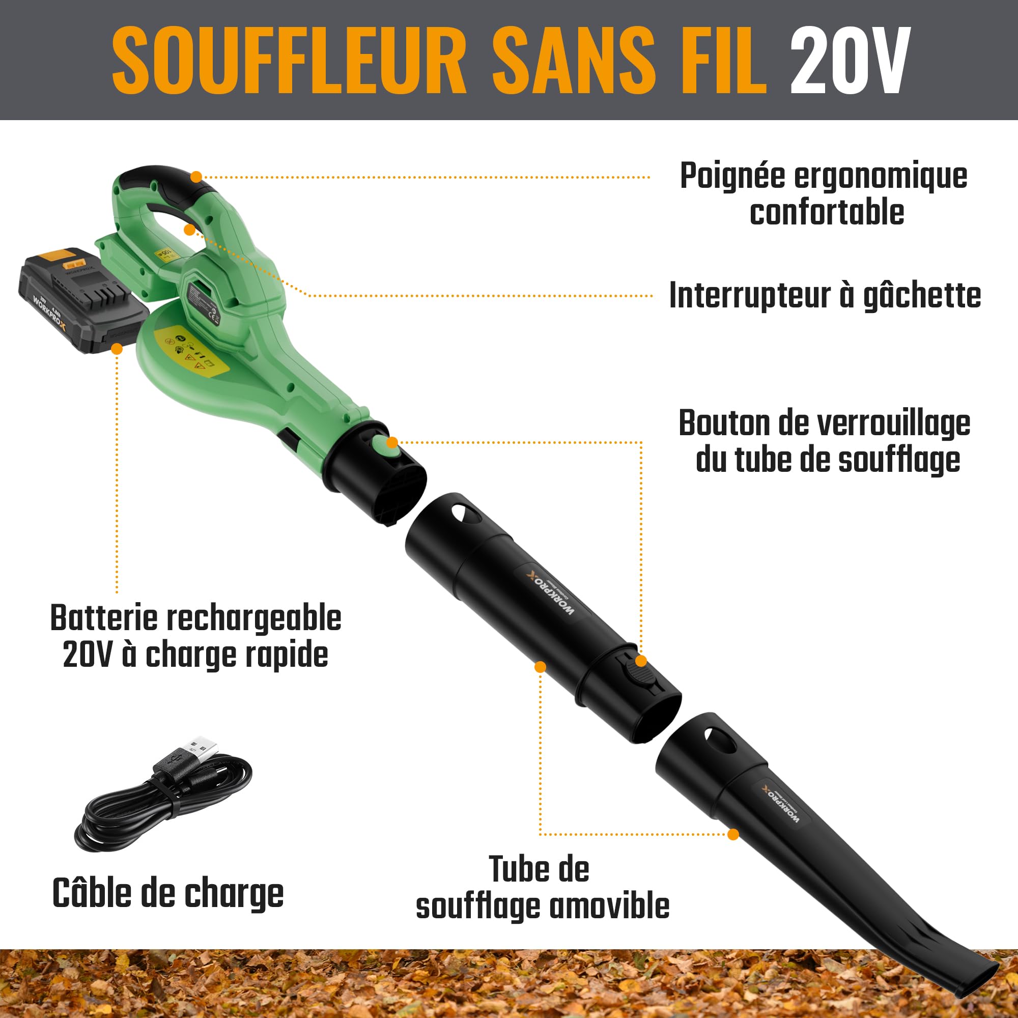 WORKPROX Souffleur de Feuilles sans Fil 20V 4,0 Ah, Souffleur Batterie avec Débit d’Air Puissant 222KM/H et Capacité 290 M³/H, Idéal pour Jardins, Allées, Terrasses | Débit d’Air 222 km/h, Capacité 290 m³/h, Idéal pour Jardins, Allées et Terrasses